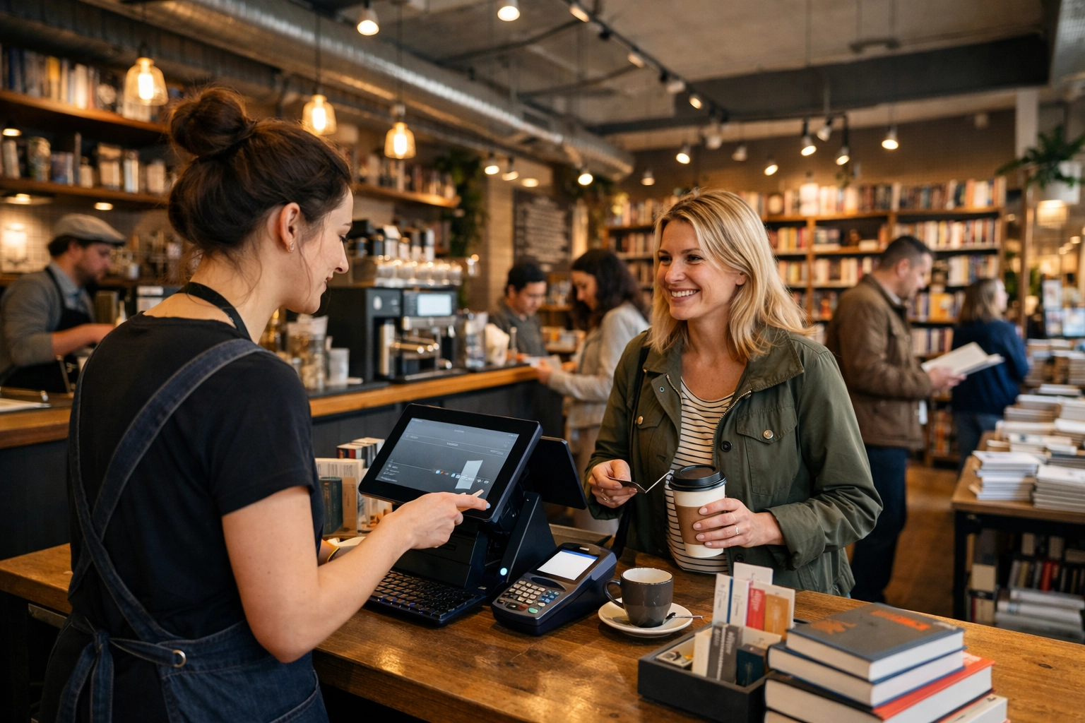 Staff processing a transaction at a modern epos system in a busy UK bookstore and coffee shop.