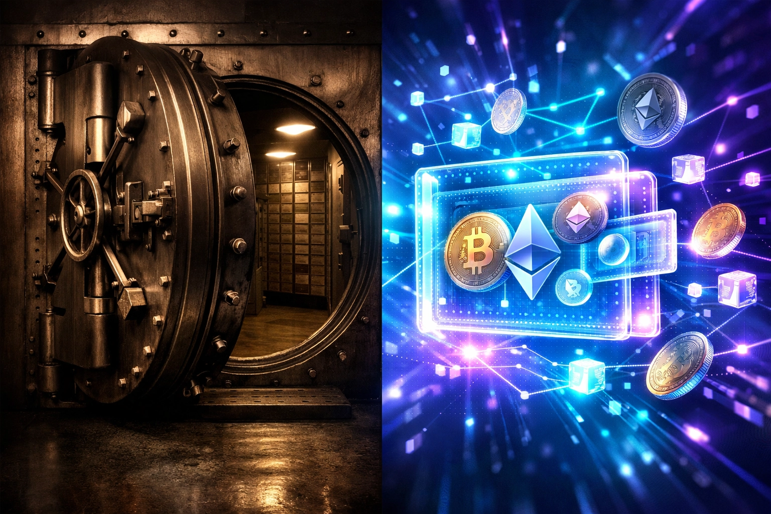 Traditional bank vault versus Web3 self-custody digital wallet comparison for crypto payments