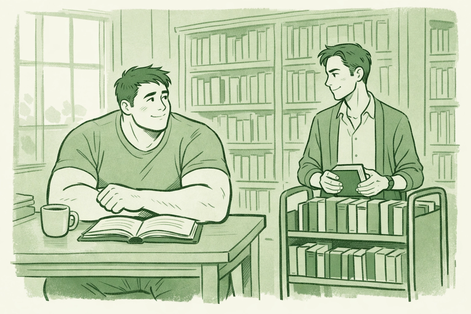 Large linebacker and small librarian share romantic tension in library - MM romance size difference