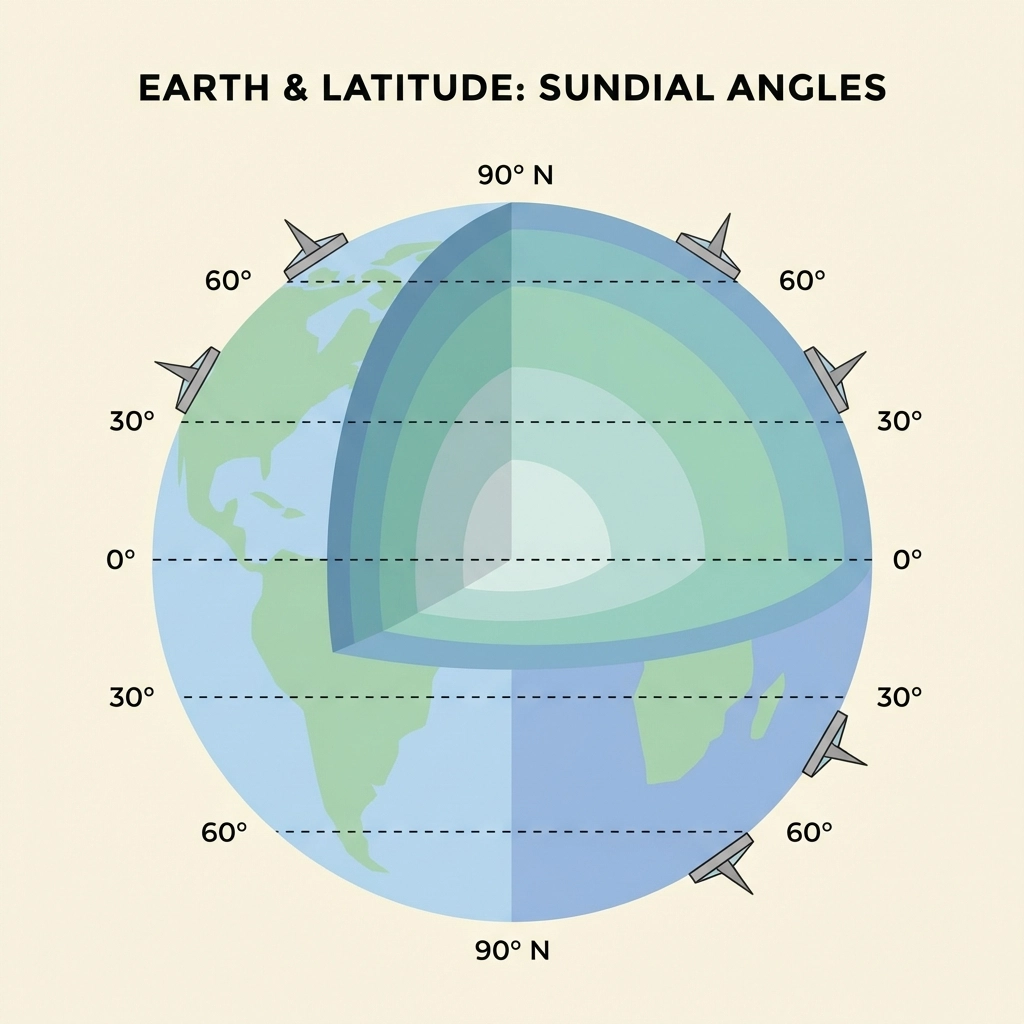 Illustration of Earth with latitude lines and sundials at various latitudes showing different gnomon angles