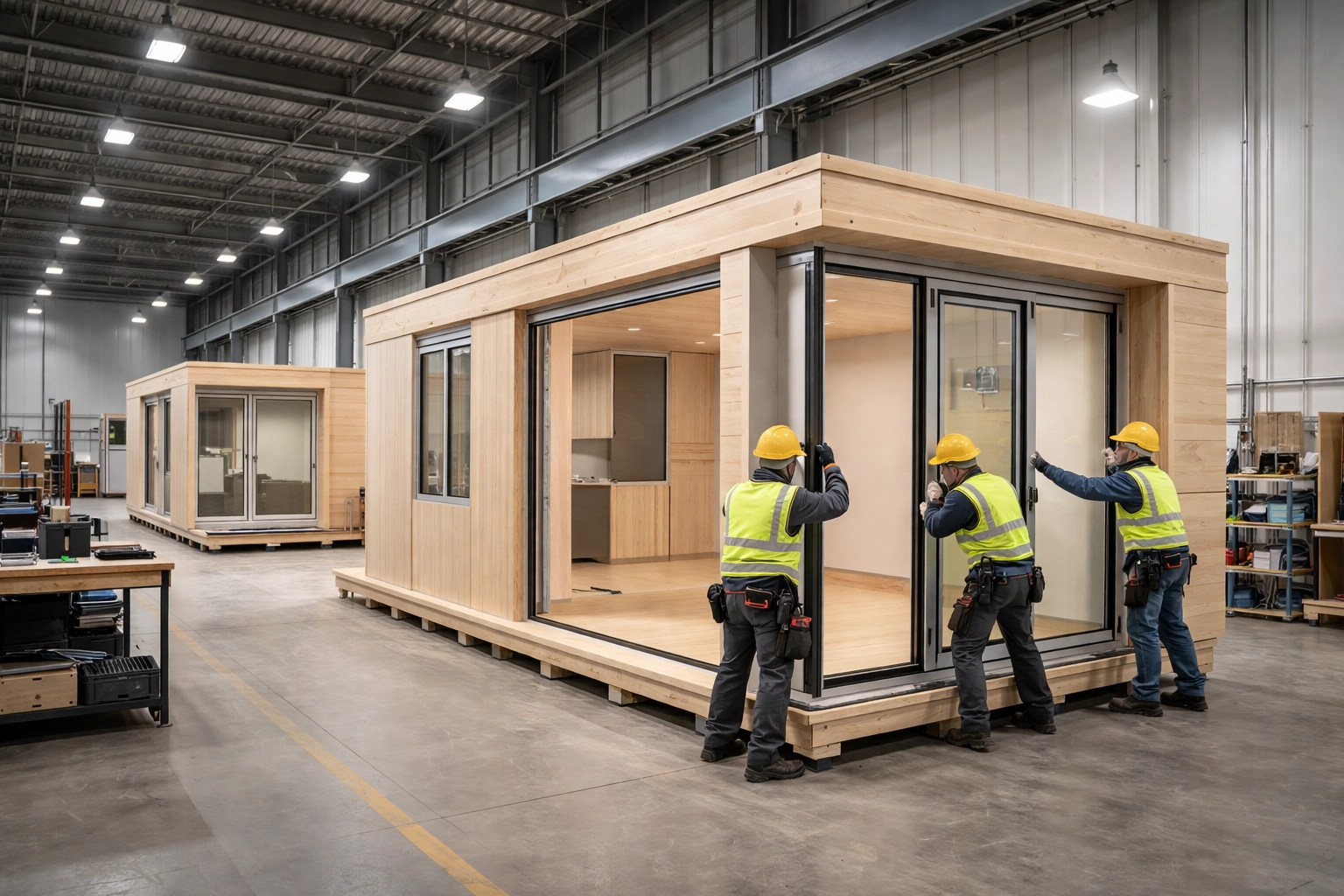 Factory workers assembling a prefabricated ADU module in a modern Sacramento manufacturing facility