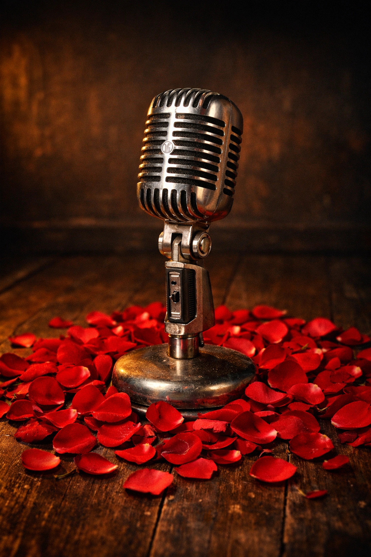 Vintage silver microphone surrounded by red rose petals, reflecting the soul of Bruno Mars' new album.