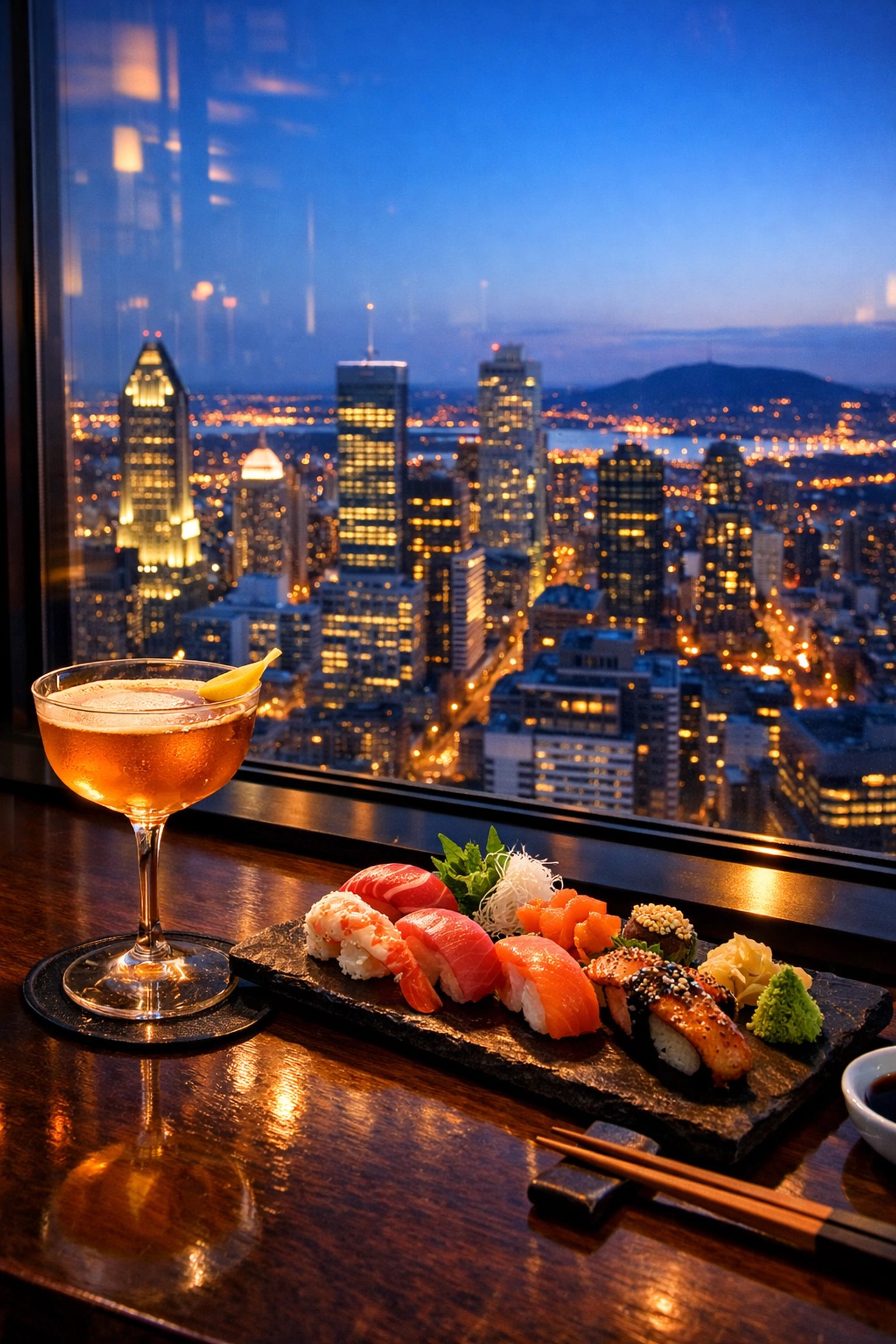 Sushi and cocktails at a high-altitude Montreal restaurant overlooking the city skyline at twilight.