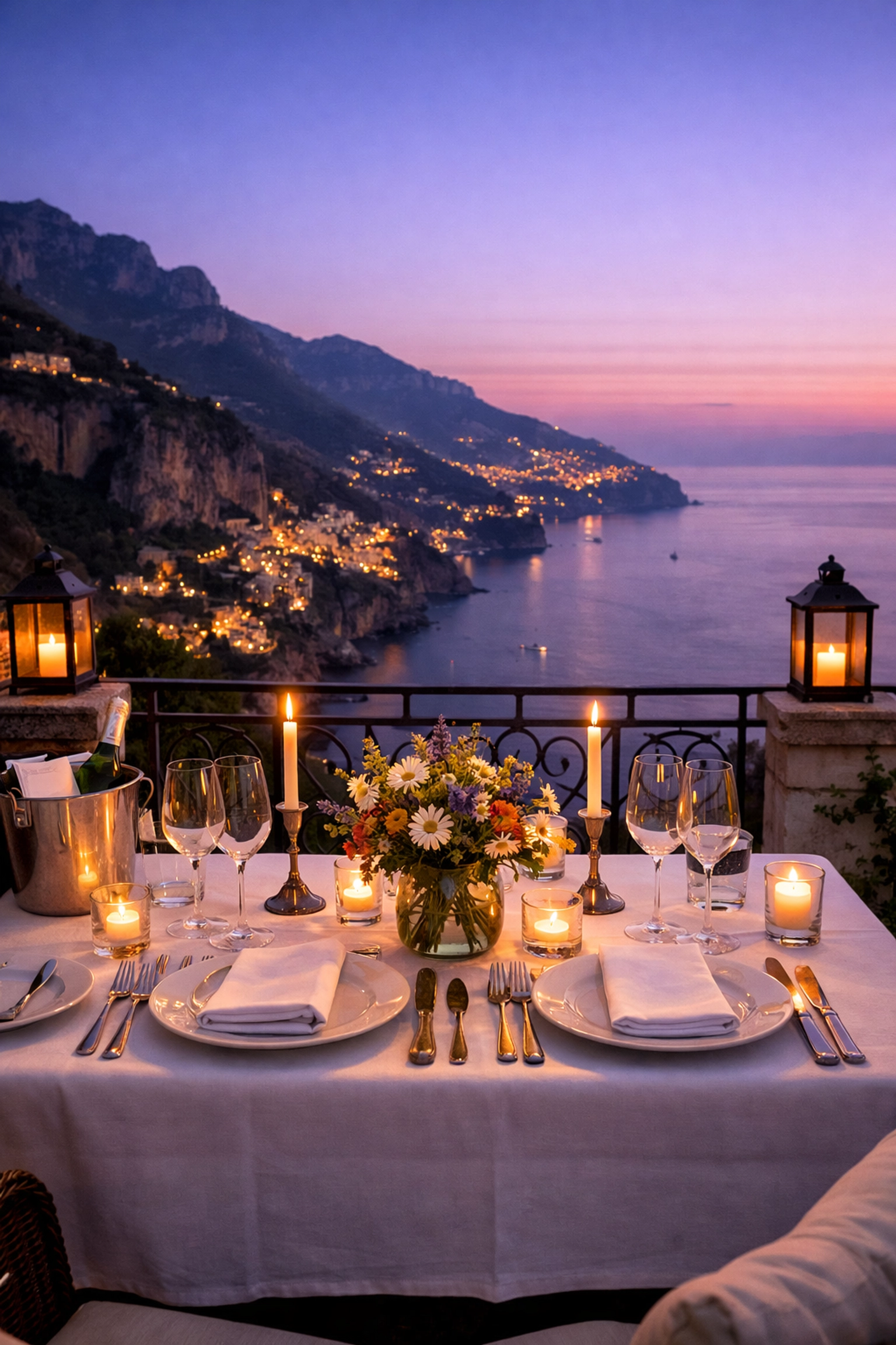 Private balcony dinner on the Amalfi Coast at twilight, capturing the peace of mind of a luxury vacation.