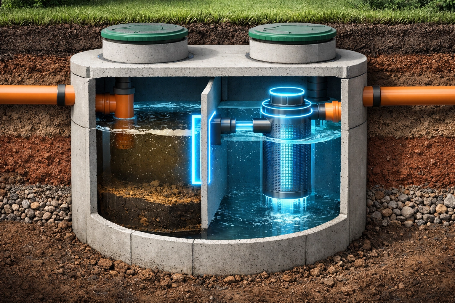 Cross-section view of a modern two-compartment concrete septic tank buried underground.