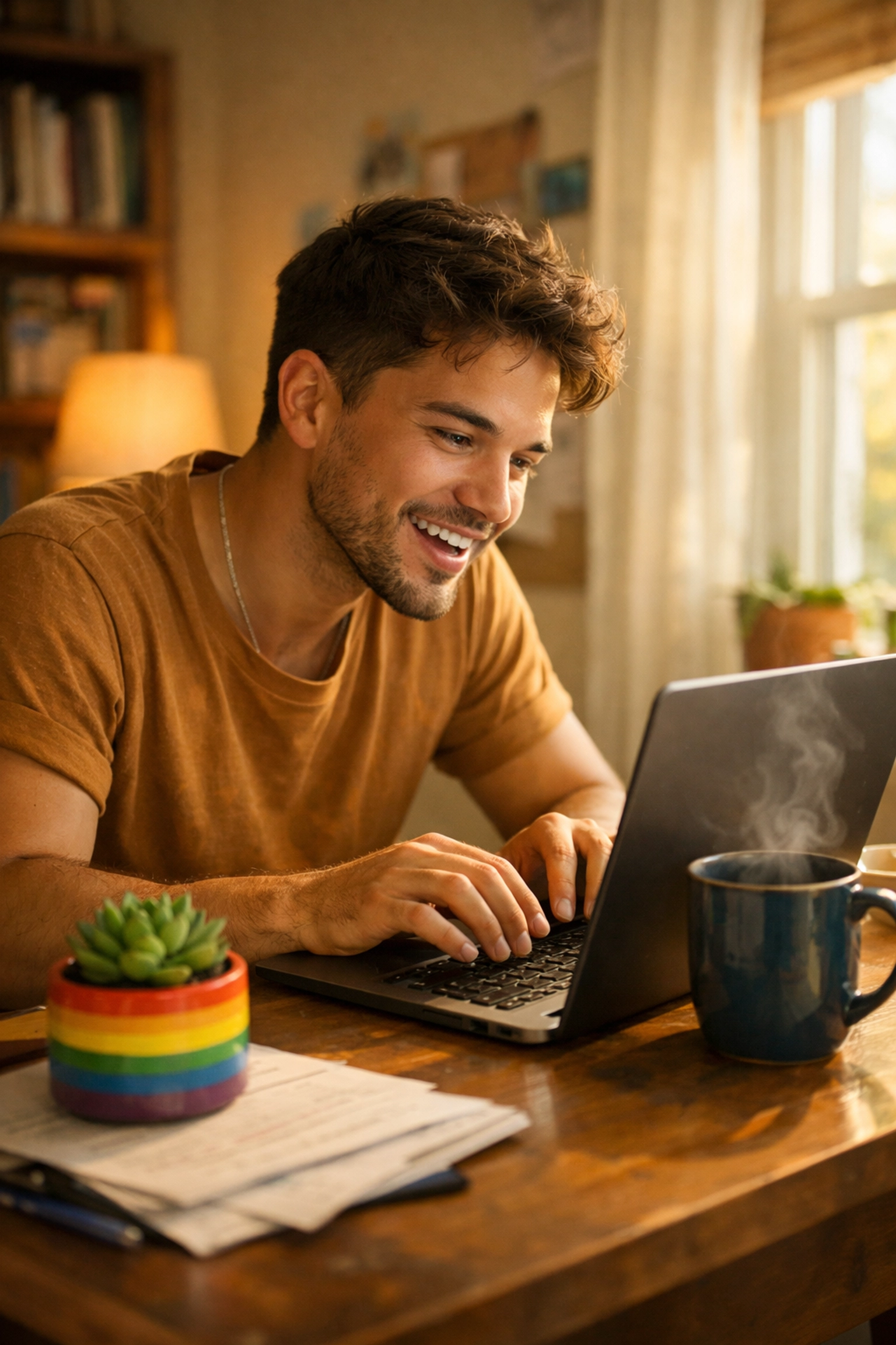 Gay author typing a new LGBTQ+ ebook manuscript in a sunlit, cozy home office.