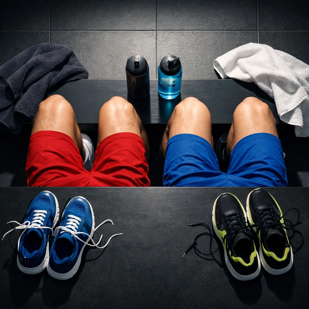 Overhead view of gym-goers on narrow locker room bench after leg day workout