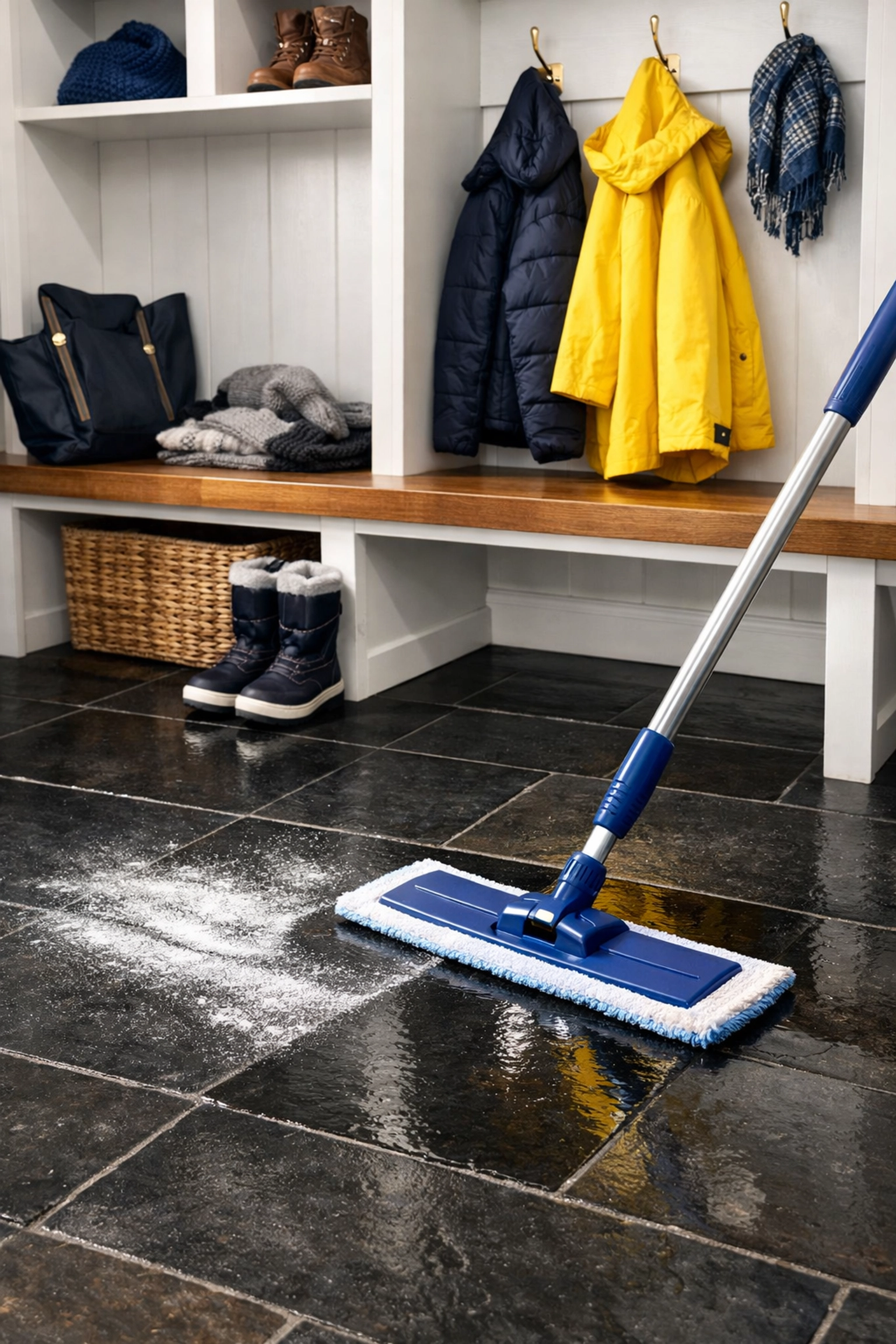 Residential cleaning MA expert mopping winter salt residue from a mudroom floor in a Massachusetts home.