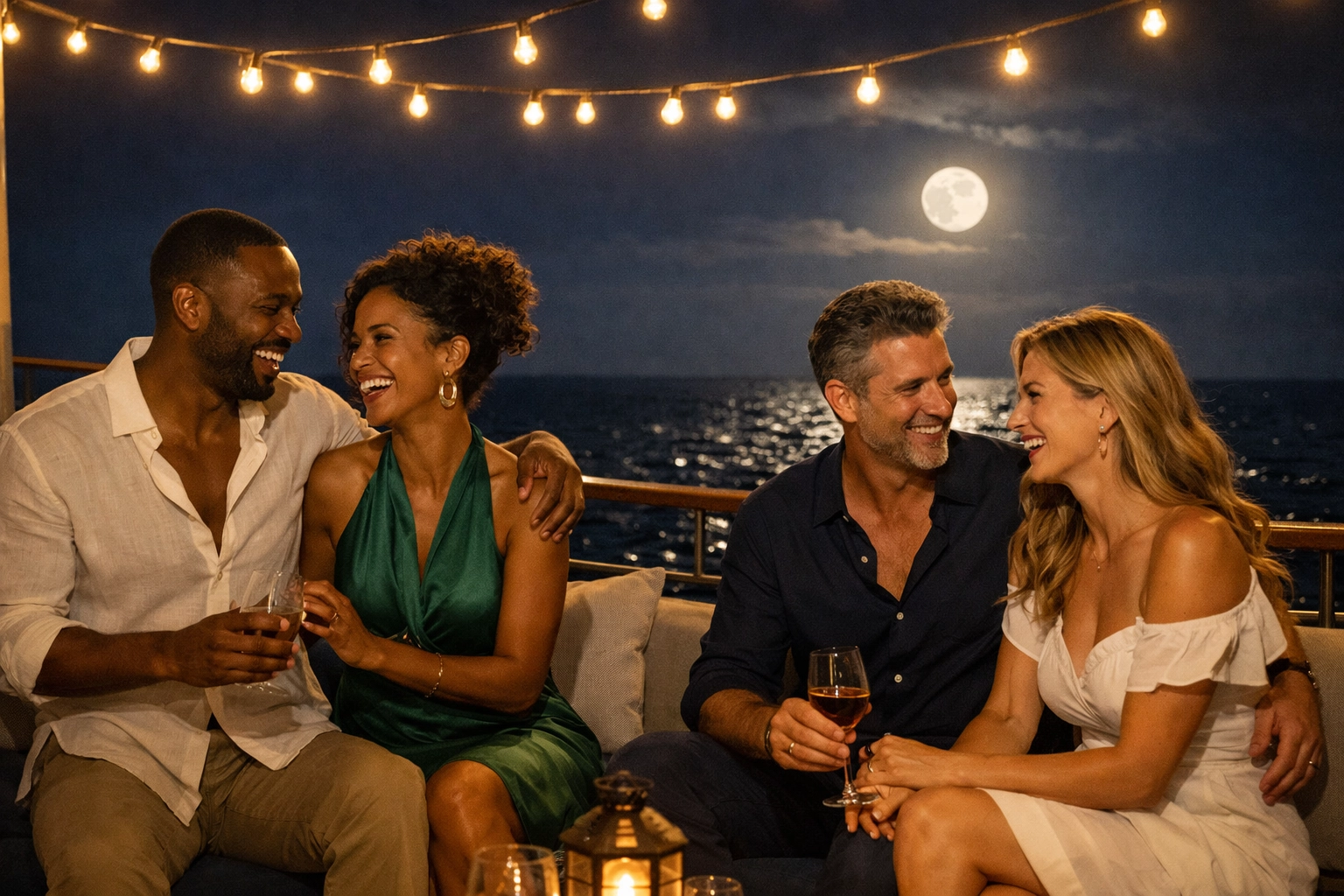 Diverse couples enjoying an evening on a luxury ship deck booked by a cruise travel agent.