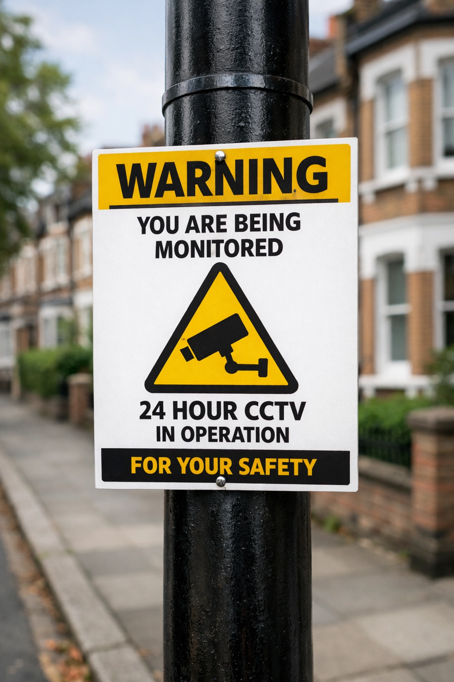 Security warning sign on a UK street lamppost, providing a visual deterrent for home security in Reading.