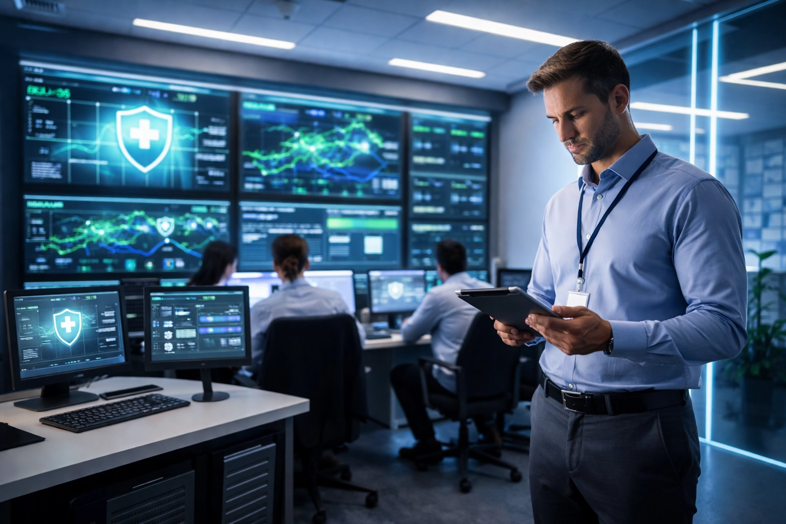 Healthcare IT command center with security dashboards monitoring governed AI documentation systems