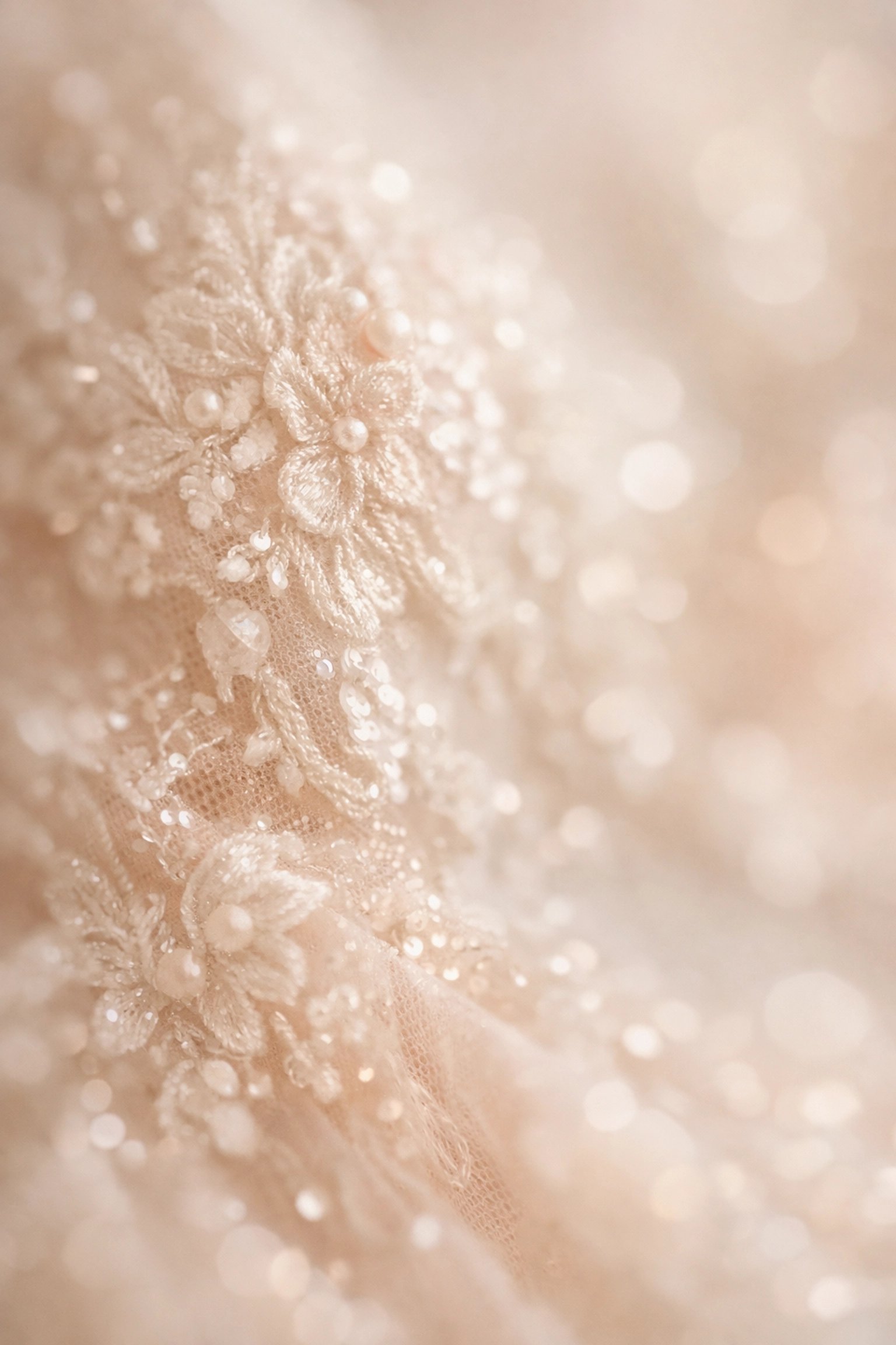 Intricate lace and shimmering beadwork detail on a Diane Legrand luxury wedding dress.