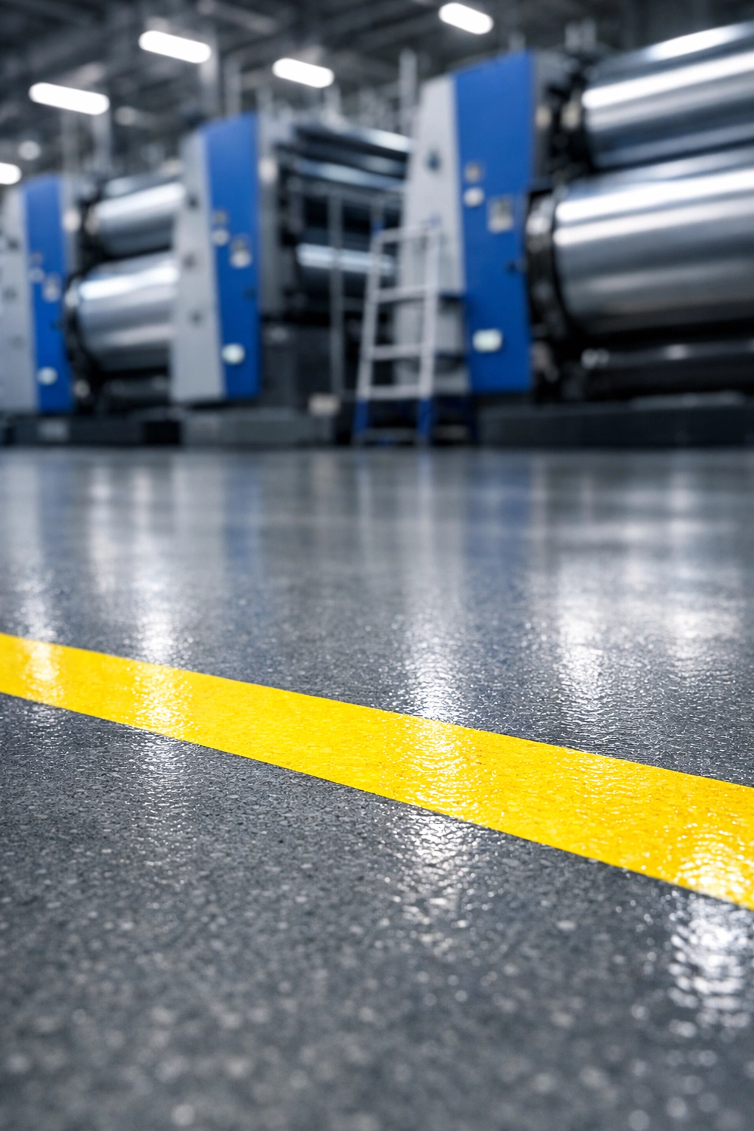 Polished industrial concrete floors and yellow safety borders in a professional printing plant.