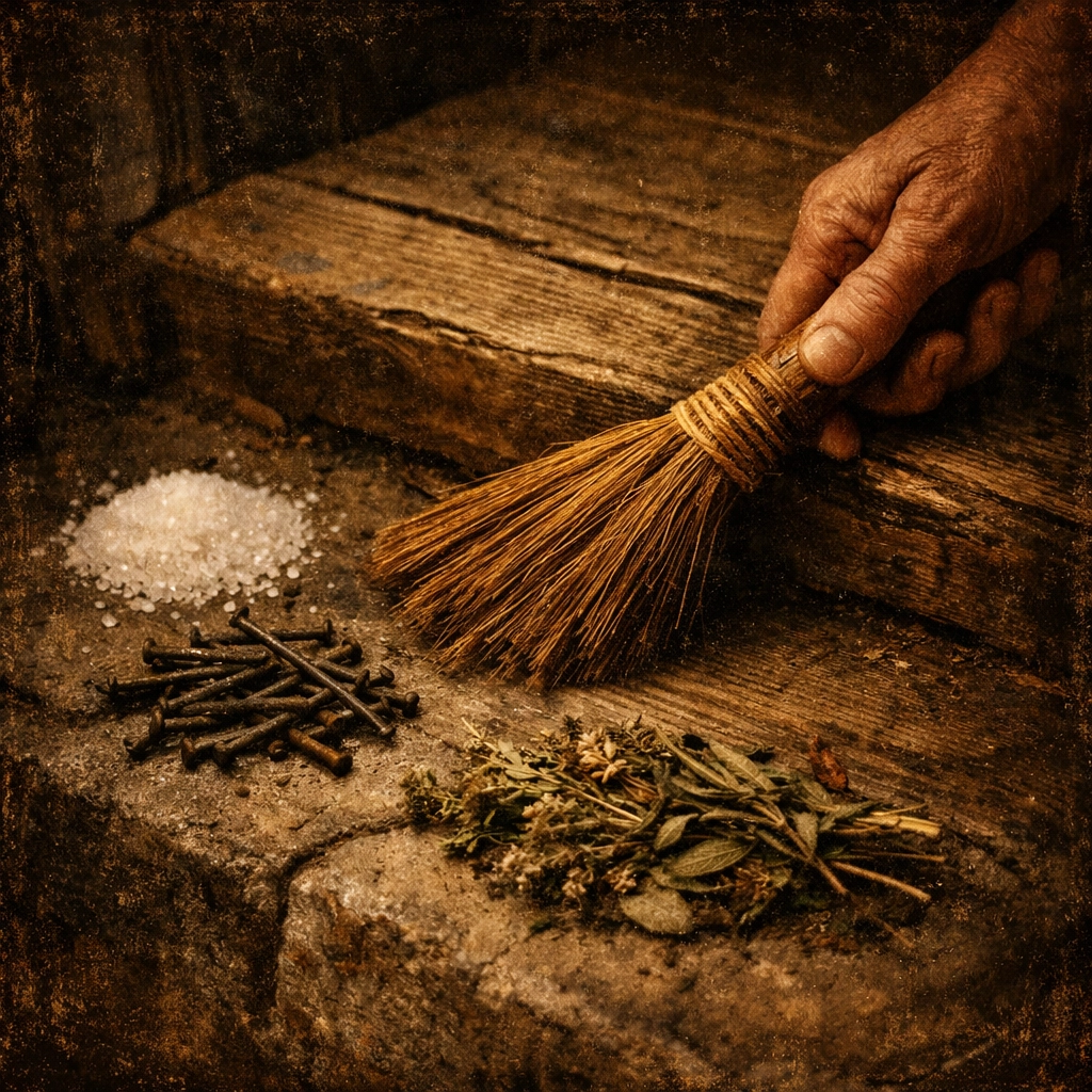 Hands sweeping doorstep with broom for threshold protection ritual using salt and herbs