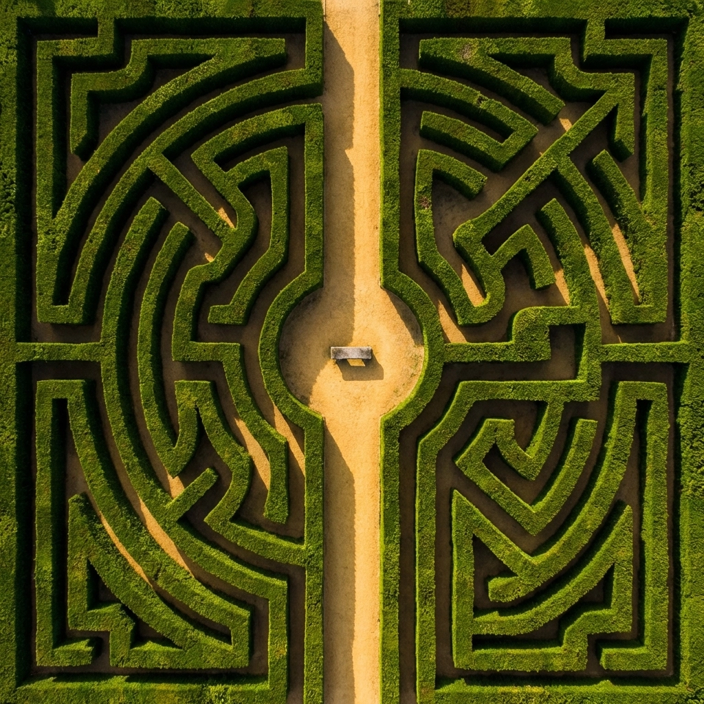 Aerial view of a maze with a clear path, symbolizing clarity and avoiding over-diversification in investing
