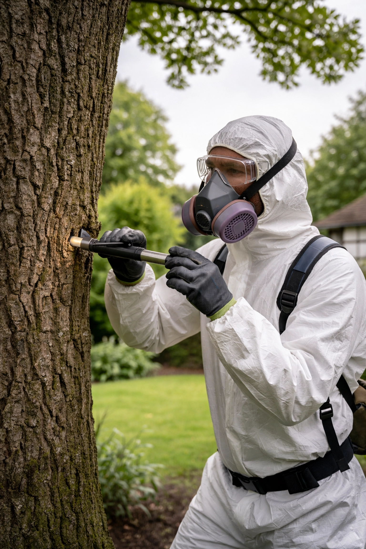 Certified tree surgeon in protective gear inspecting an oak tree, demonstrating safe professional OPM removal in a UK garden.