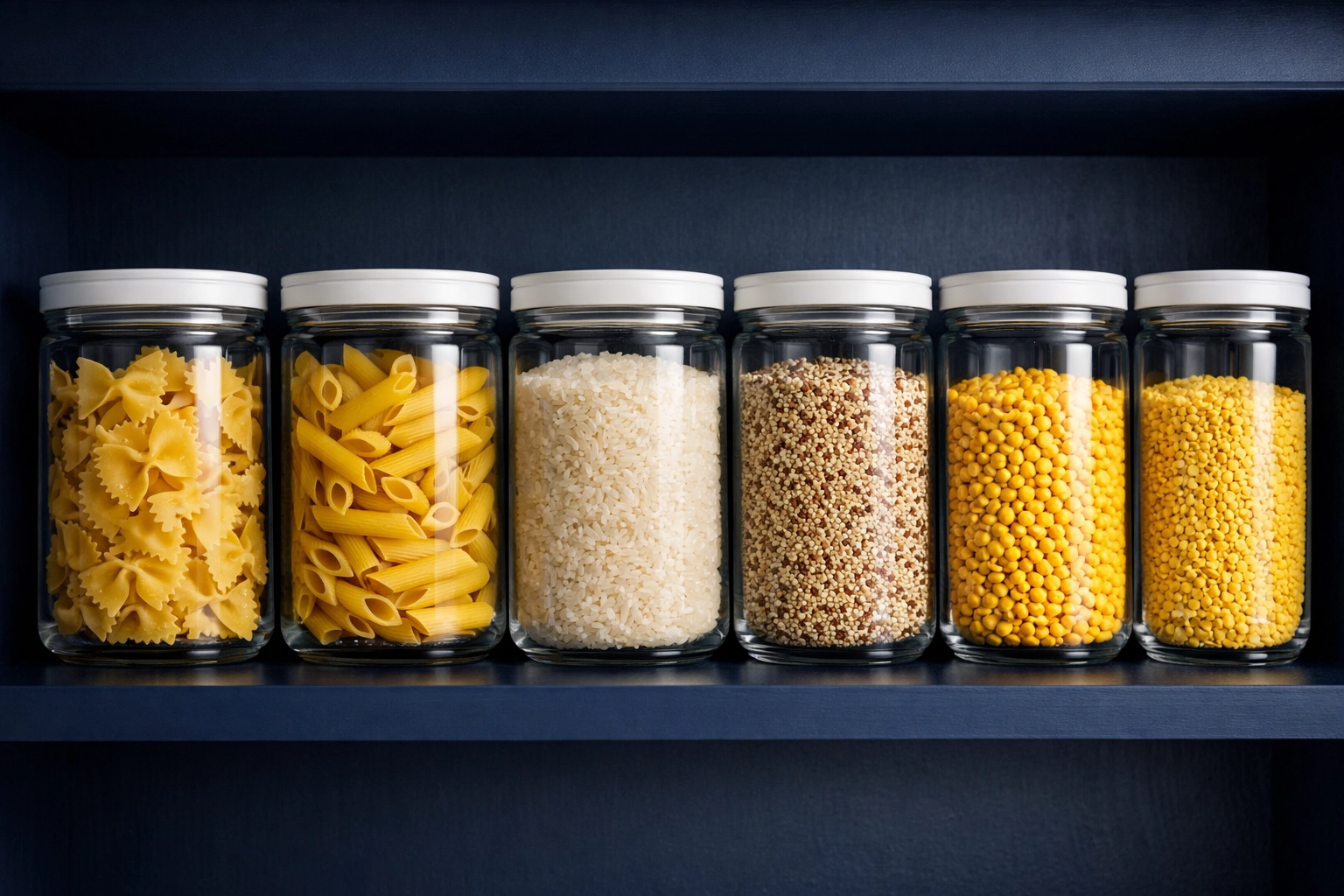 Clear airtight glass containers for dry food storage on a stylish navy blue pantry shelf.