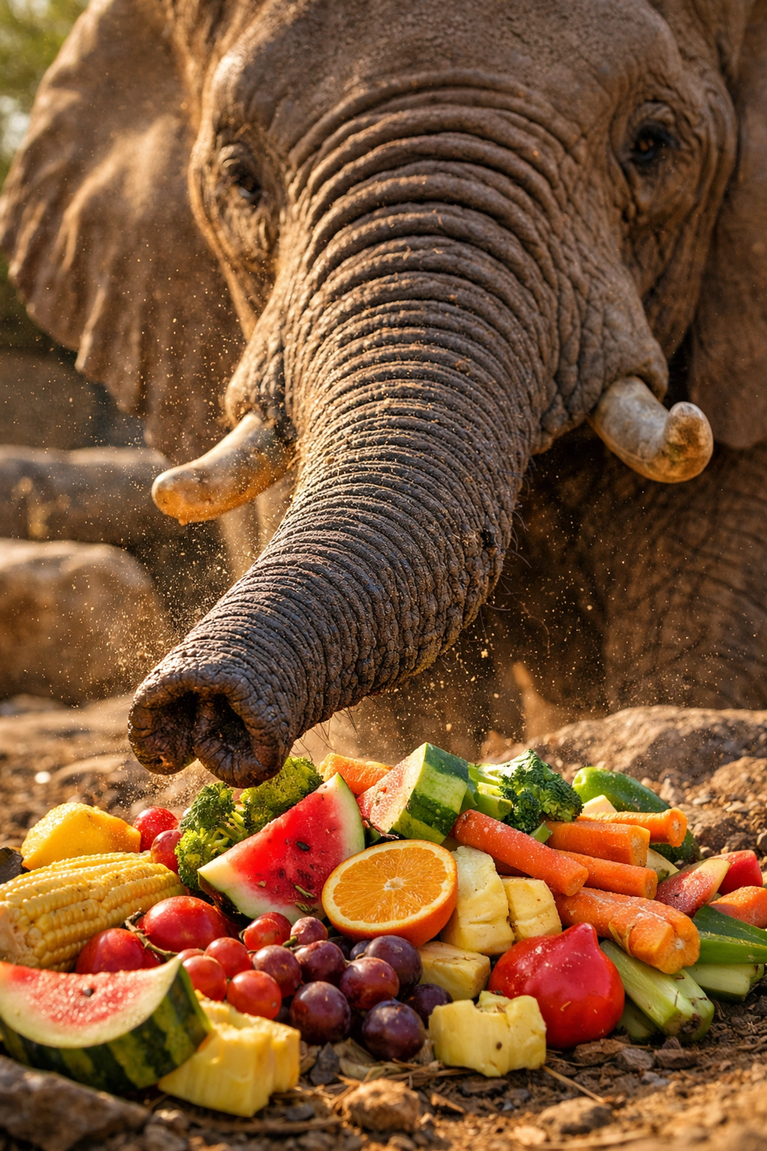 Close-up of an African elephant reaching for fresh food, illustrating high-quality animal enrichment and care at a zoo.