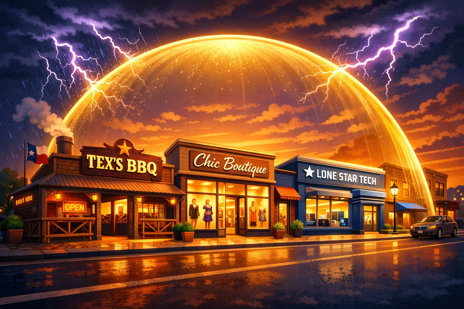 Protective umbrella liability shield covering diverse Texas small businesses against legal and financial risks.