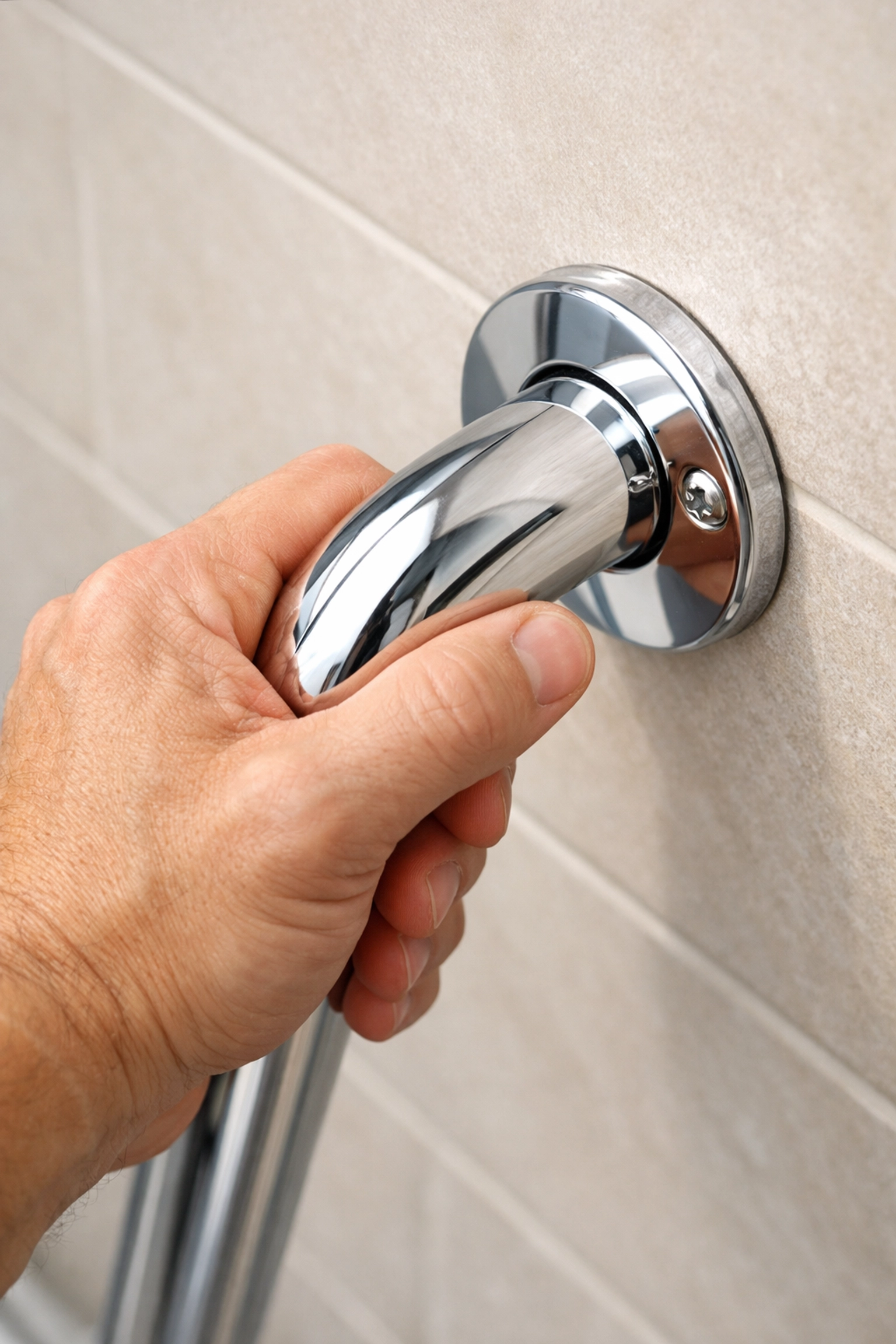 A hand testing a chrome grab bar securely installed on a bathroom wall for fall prevention.