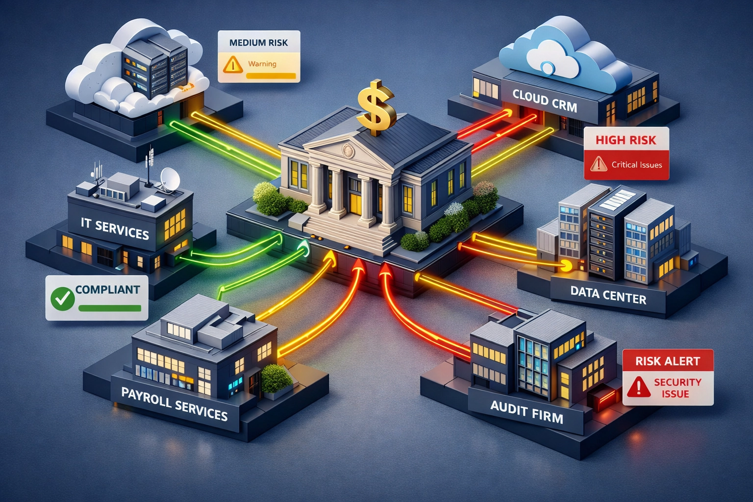 Third-party ICT provider risk management visualization with DORA compliance risk indicators