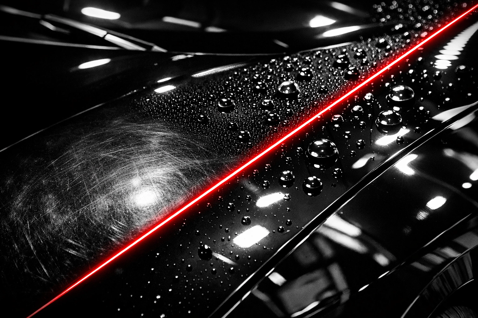 Before and after ceramic coating showing water beading and restored paint protection