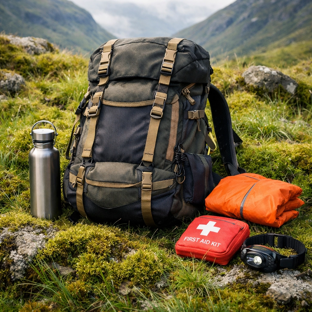 Essential camping adventure UK gear and first-aid kit laid out on green moss.