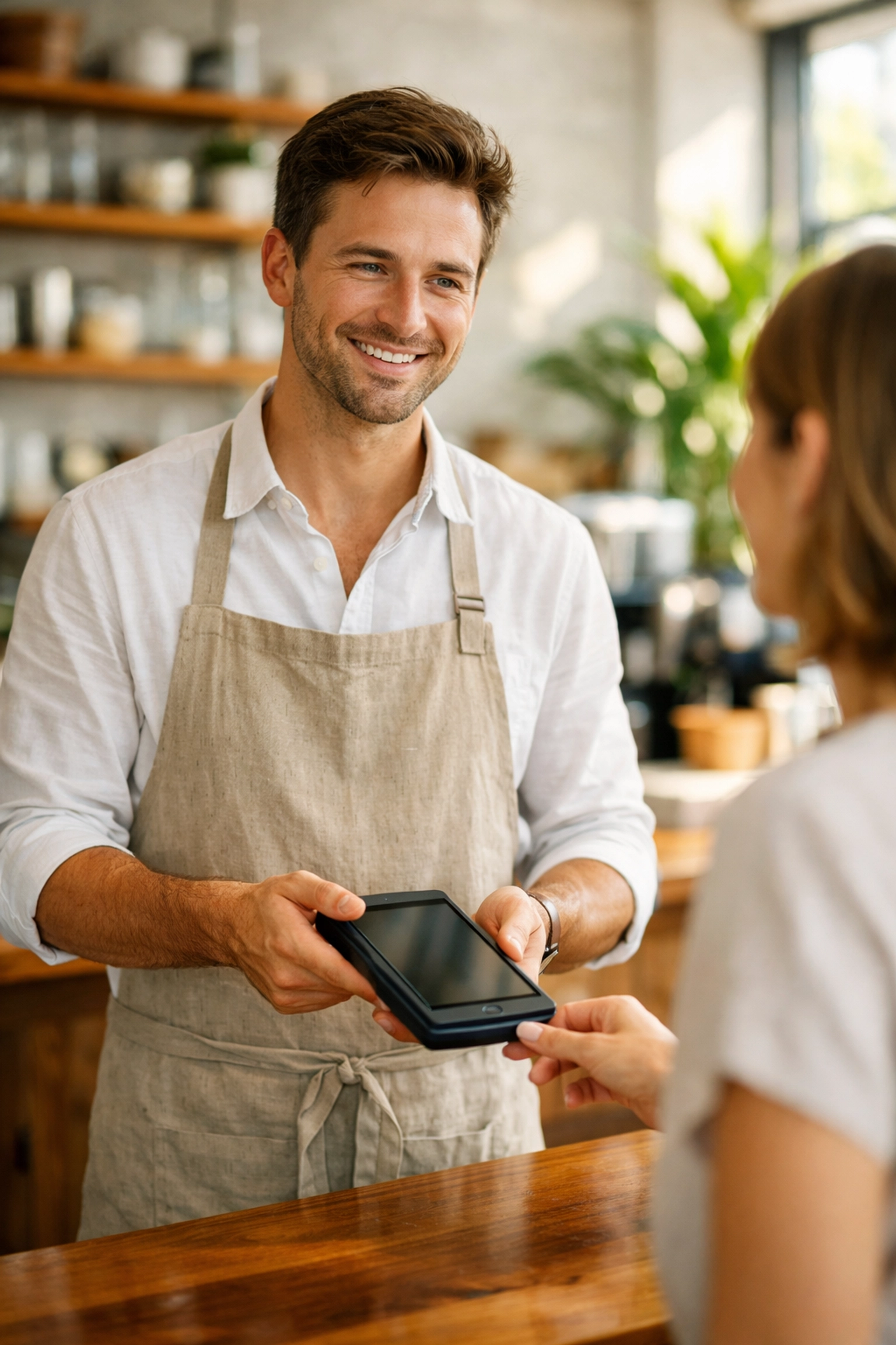 Service professional in a modern cafe managing tipped income and business tax deductions.