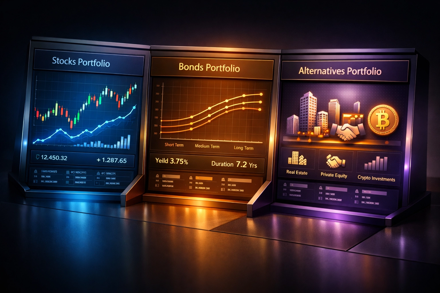 Modern portfolio dashboard showing stocks, bonds, and alternative assets including Bitcoin