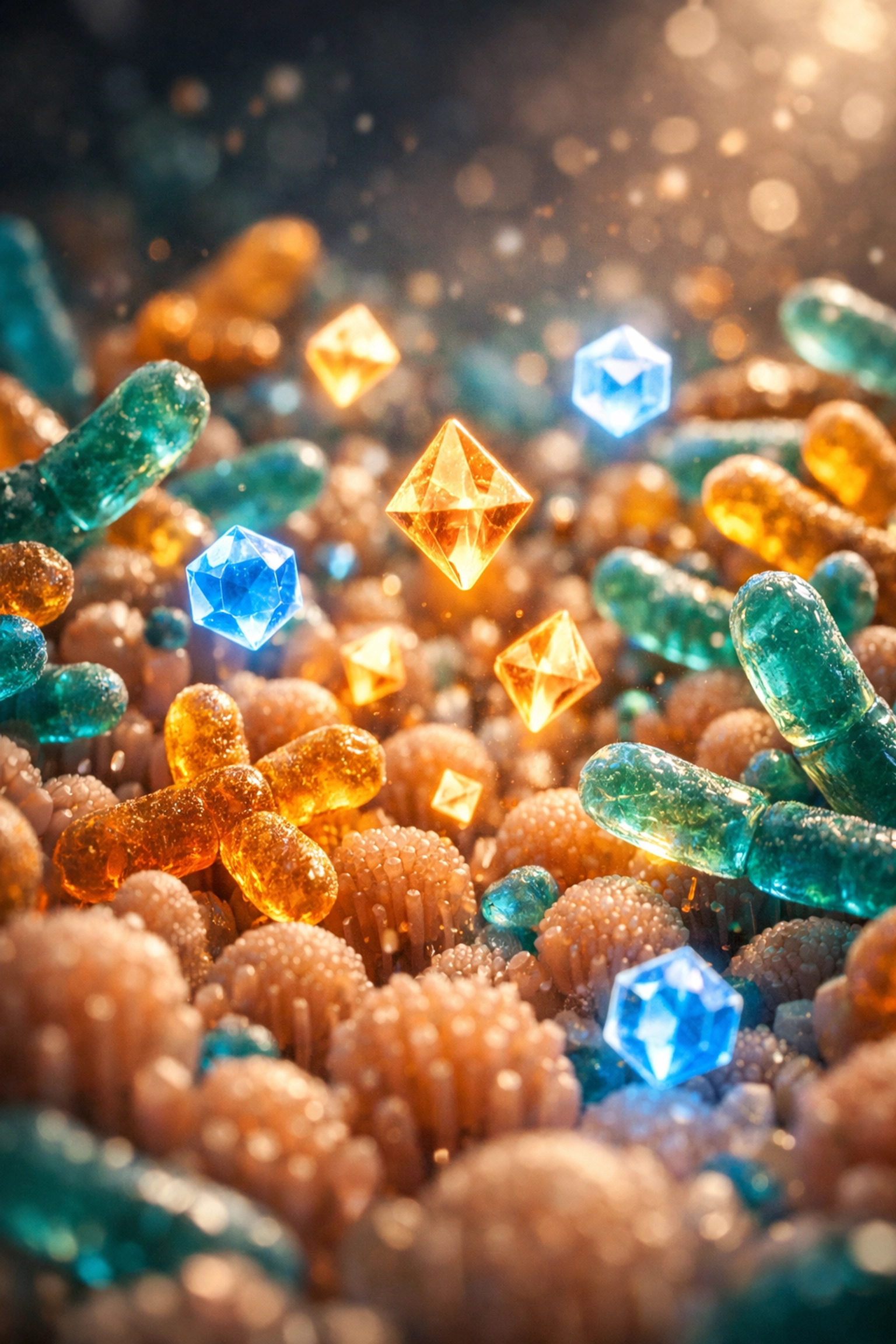 Microscopic view of beneficial gut bacteria producing neurotransmitters for mental health support.