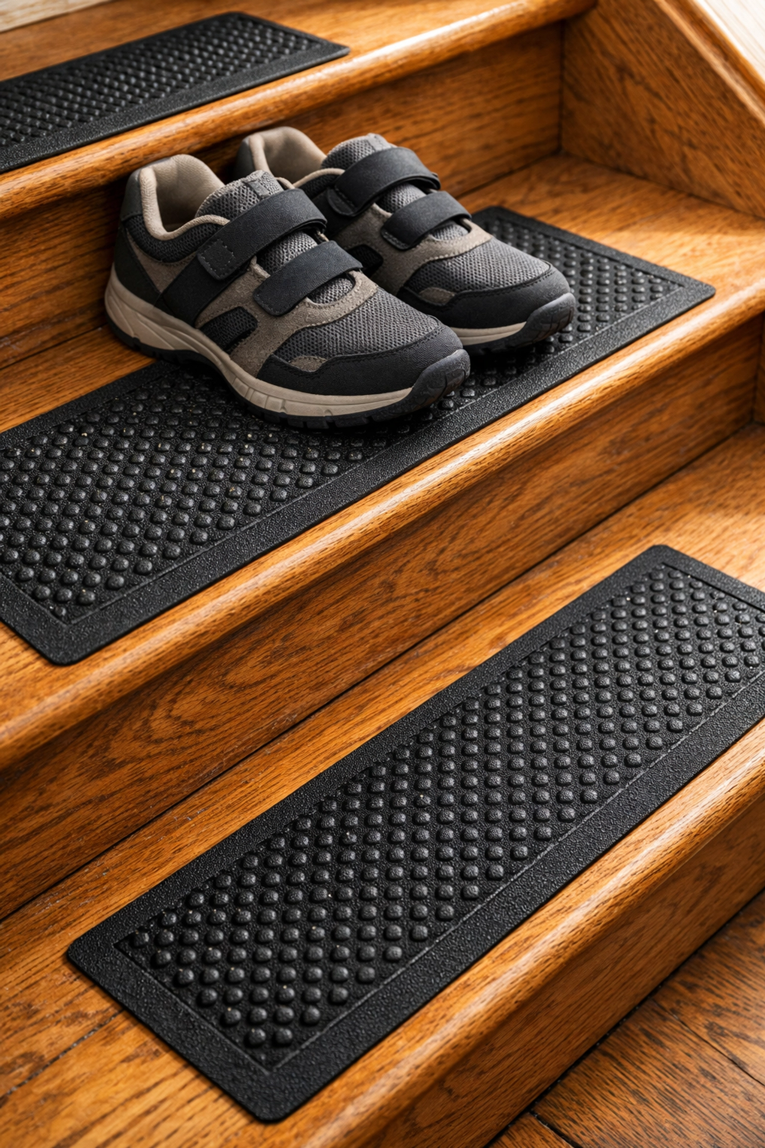 Anti-slip stair treads installed on wooden stairs with non-slip shoes for senior safety