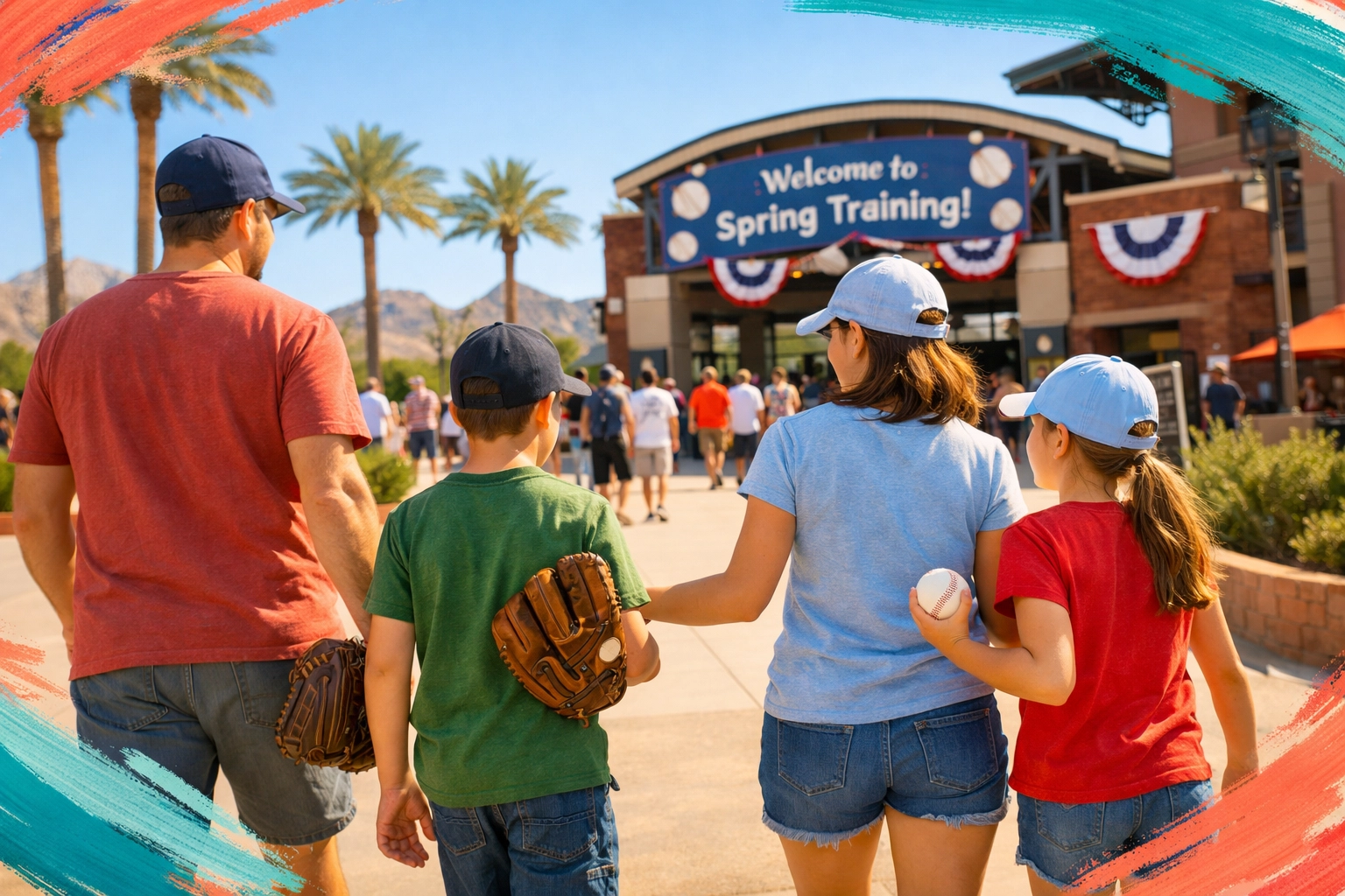 Family arriving at Mesa Spring Training baseball game on sunny Arizona afternoon Family arriving at Mesa Spring Training baseball game on sunny Arizona afternoon