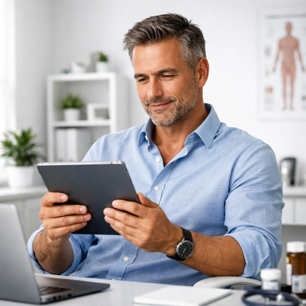 A man in his home office having a private virtual healthcare appointment in Illinois using a digital tablet.