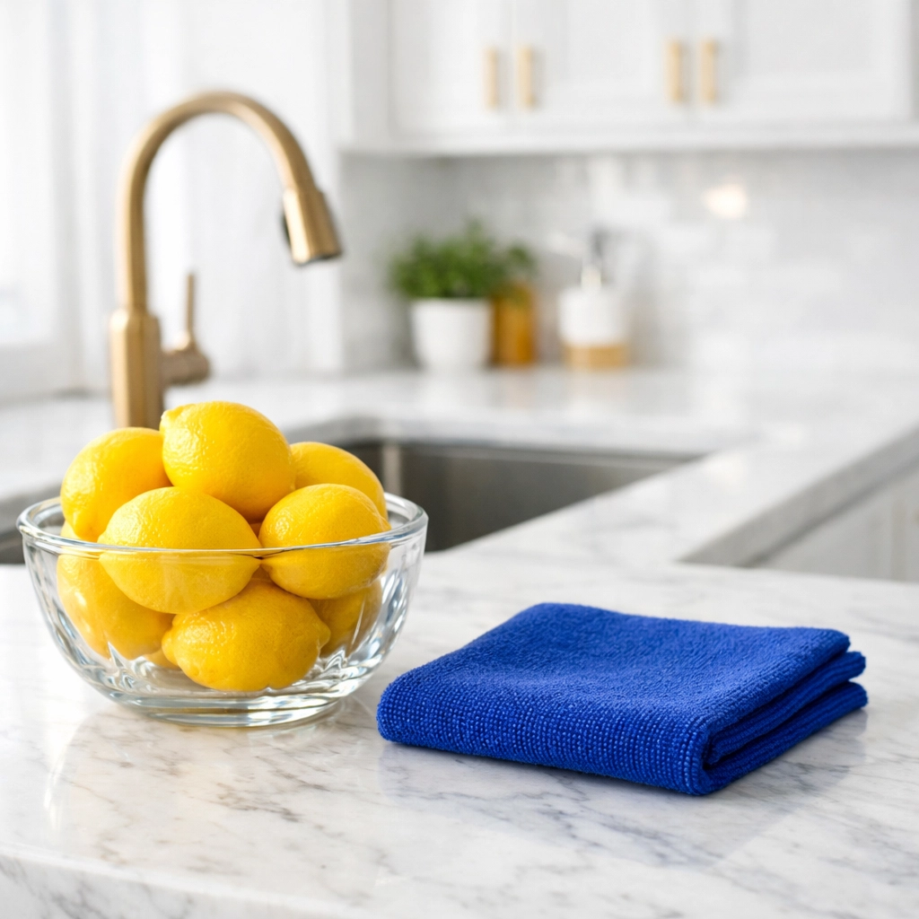 Eco-friendly house cleaning Leominster MA results on a sparkling marble kitchen countertop.