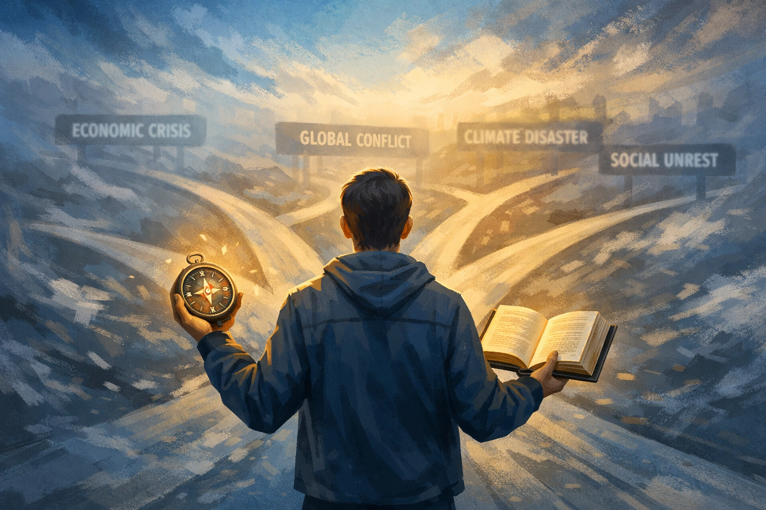Person holding Bible and compass at crossroads choosing biblical wisdom over news chaos