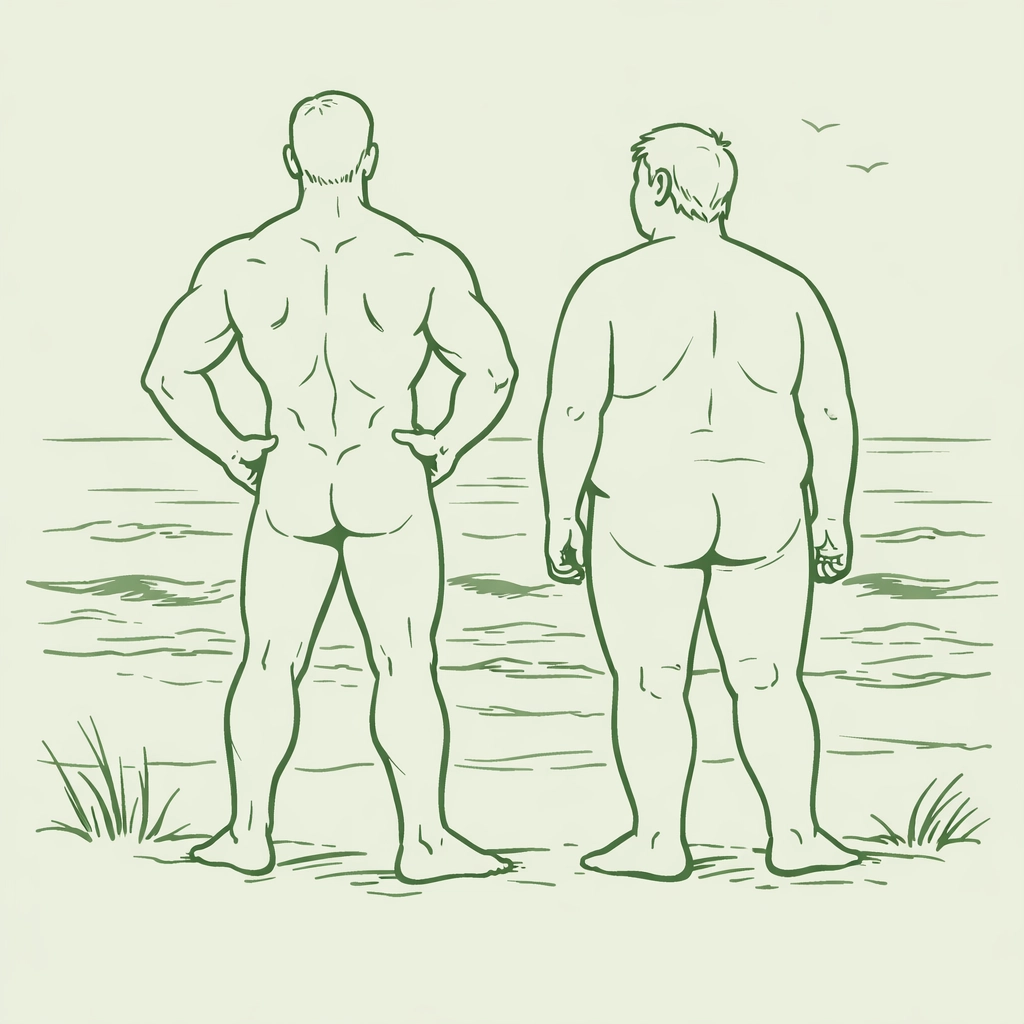 Two gay men with diverse body types standing confidently at naturist beach representing body positivity