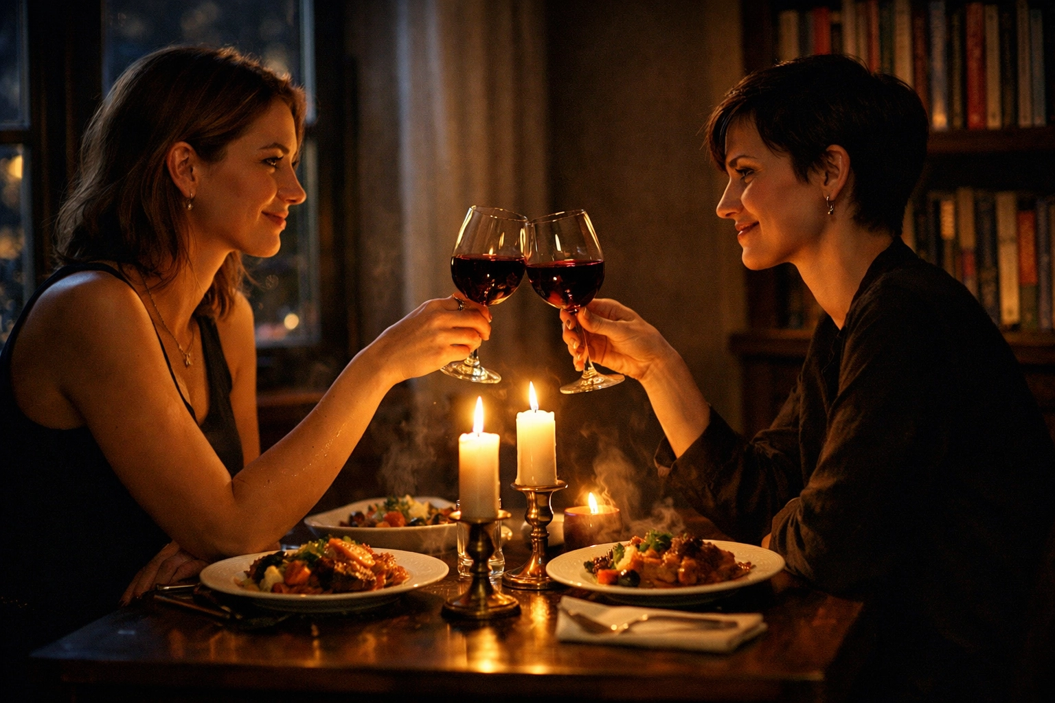 Lesbian couple enjoying a romantic candlelit dinner at home after a successful winter cooking class.