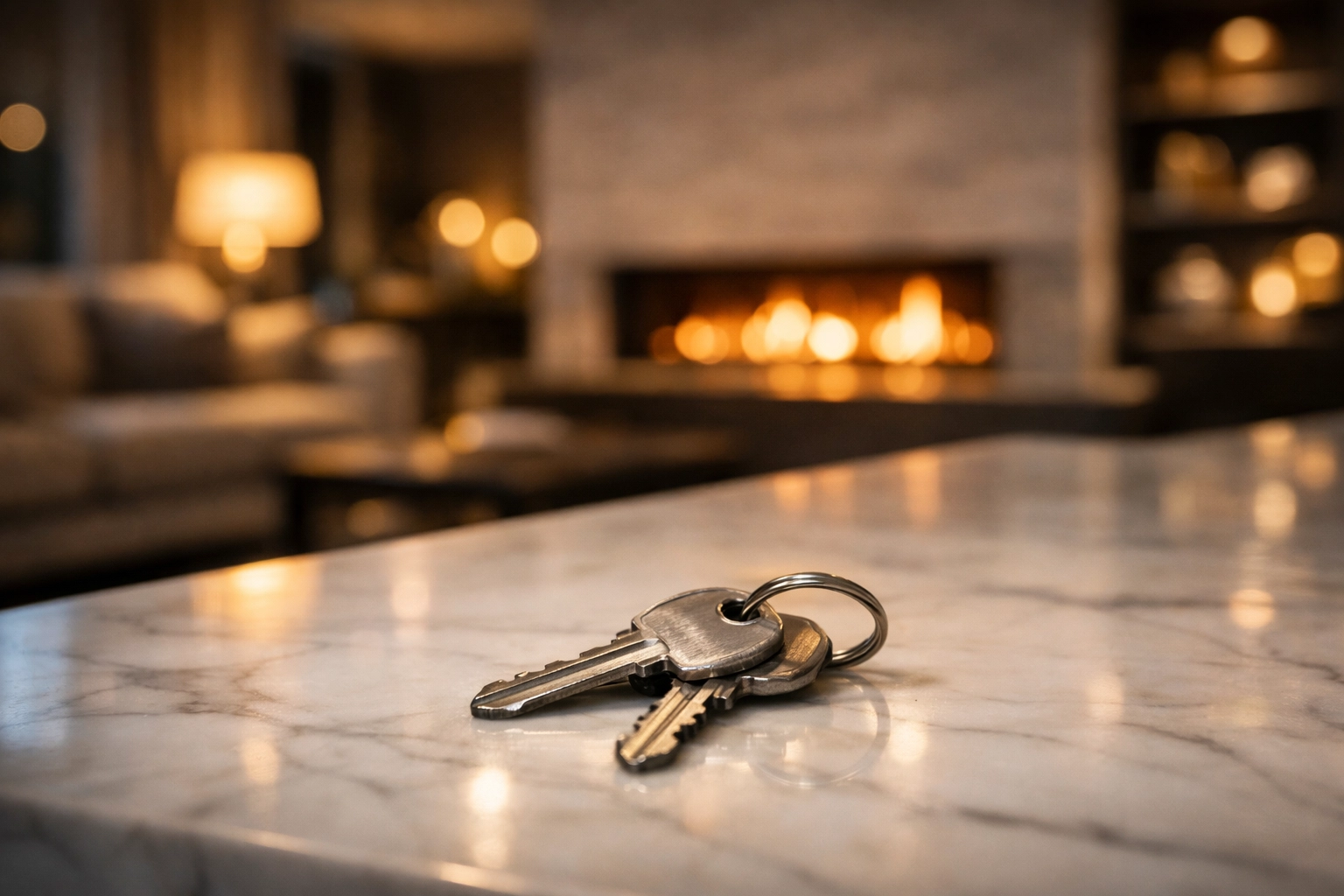 New house keys on a marble kitchen island in a finished, luxury custom-built Ontario home.