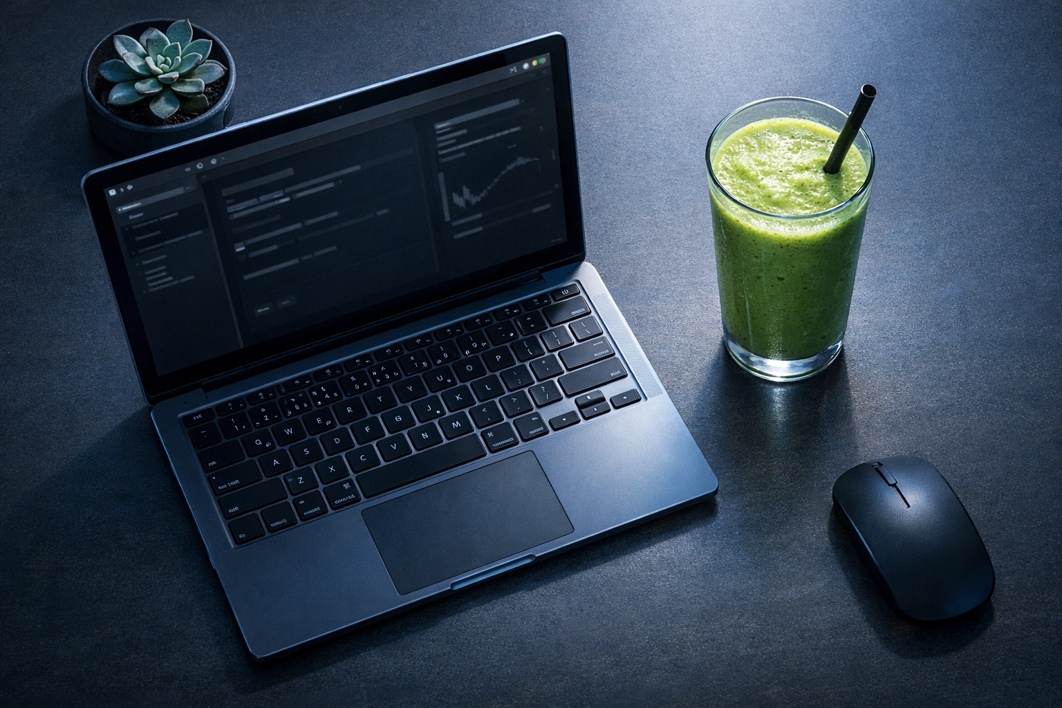 A healthy breakfast smoothie on a professional desk next to a laptop for a productive day.