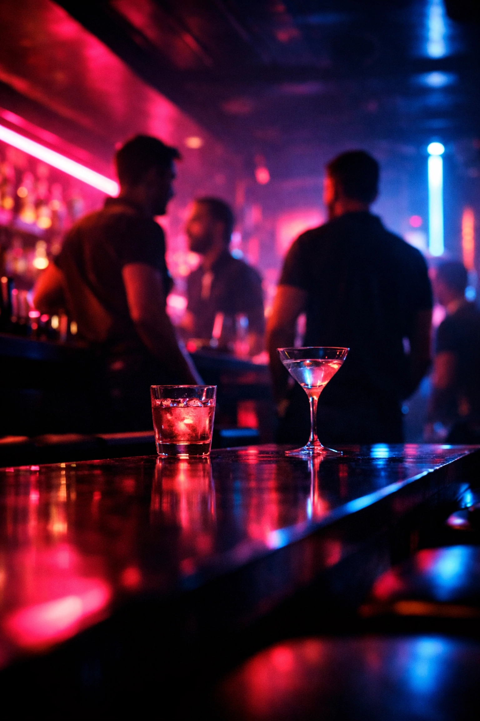 Neon-lit gay cruising bar interior with atmospheric shadows and silhouettes