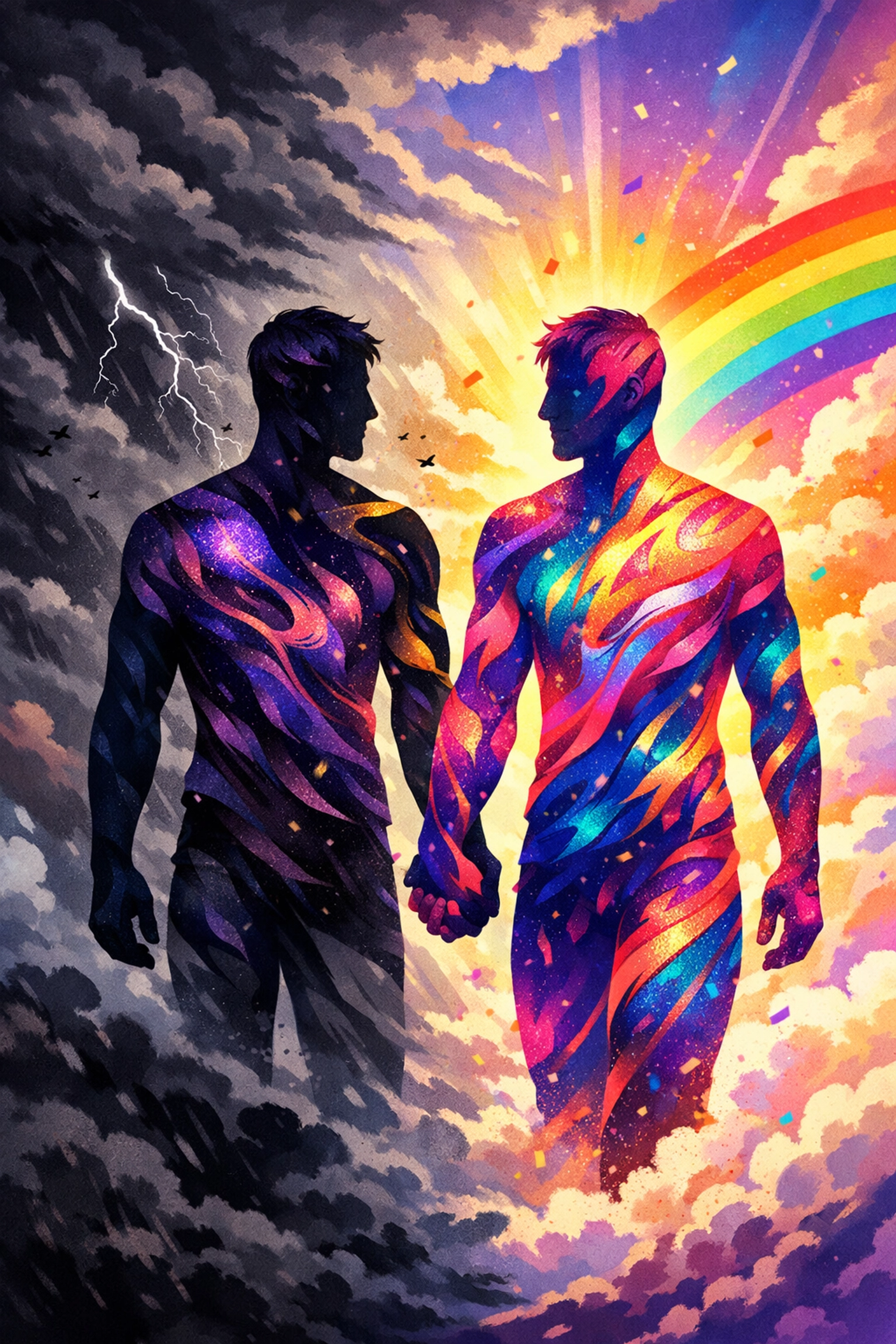 Gay couple holding hands symbolizing journey from fear to LGBTQ+ pride and self-acceptance