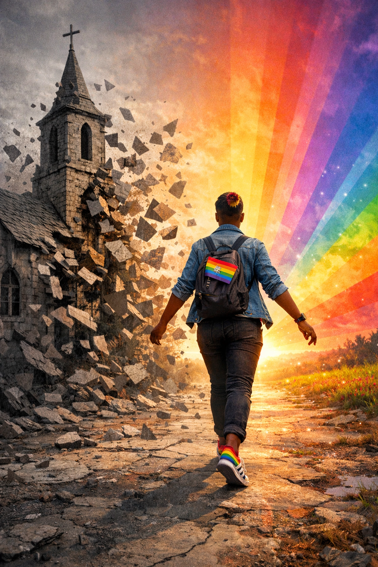 LGBTQ+ person breaking free from Pentecostal restrictions walking toward rainbow horizon of hope
