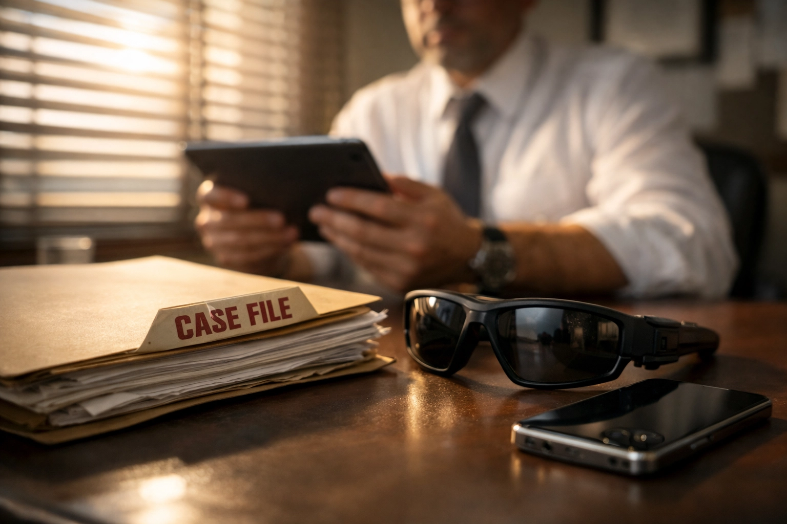 Professional investigator desk with case files and digital tablet for litigation support.