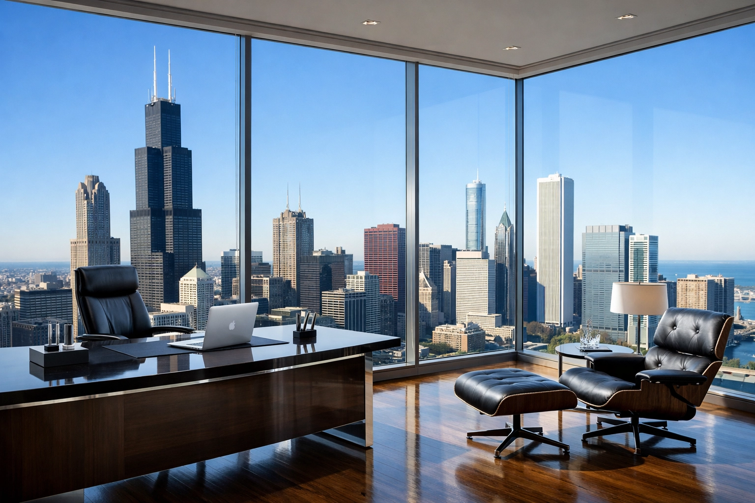 Clean professional office suite with clear views of the Chicago skyline and Willis Tower.