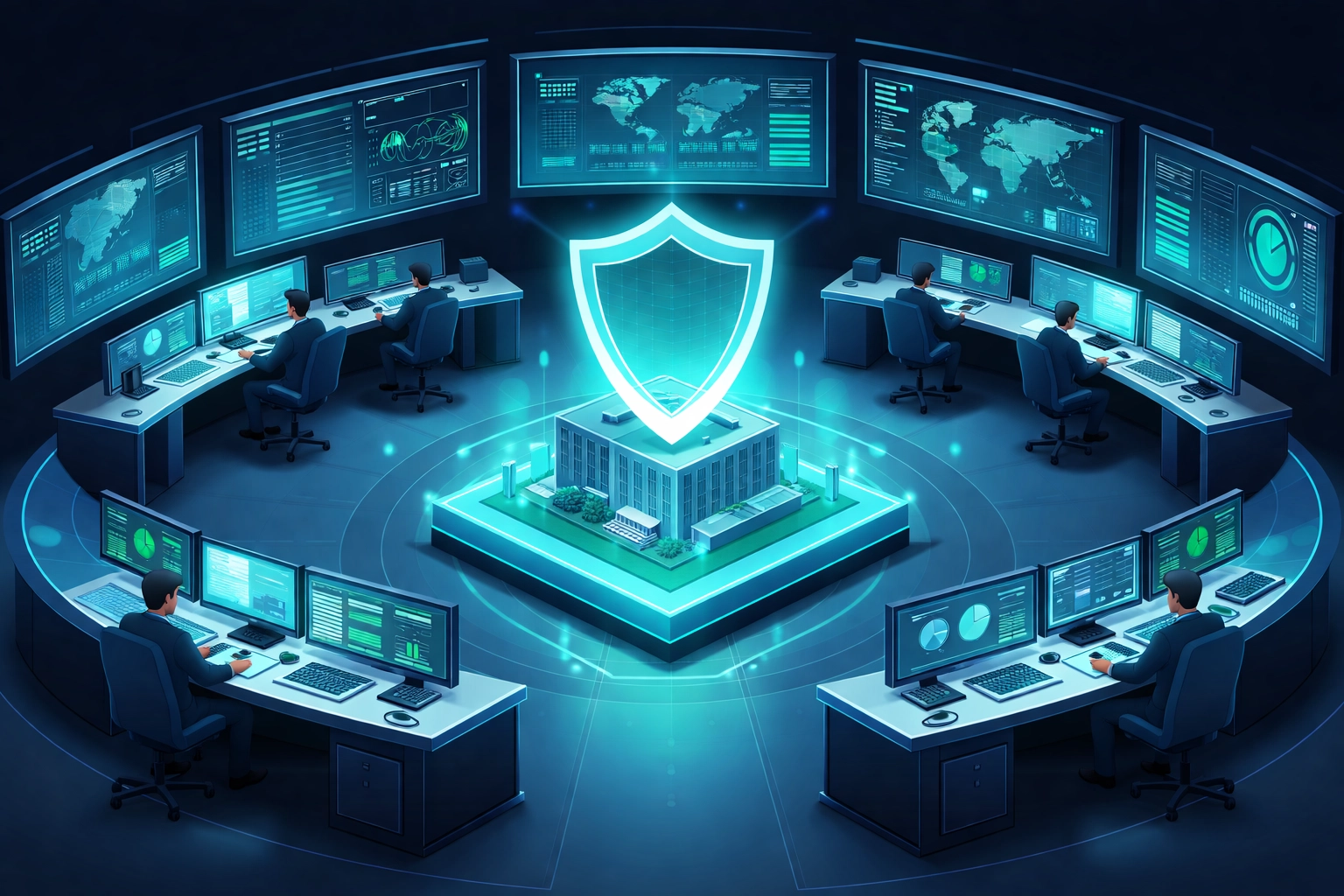 Cybersecurity command center monitoring a protected business with glowing shields, representing proactive ransomware defense strategies.