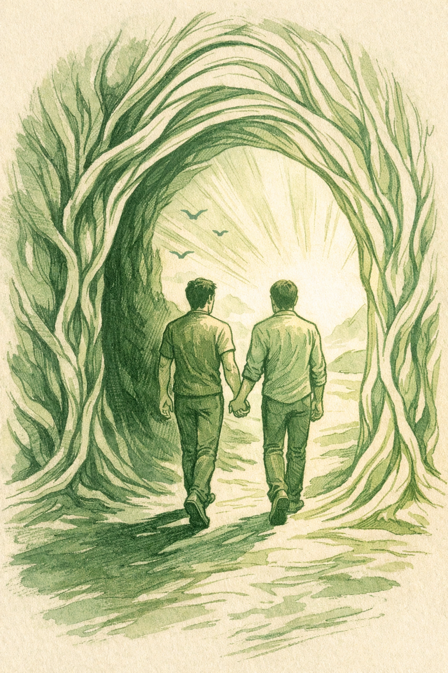 MM romance couple walking hand-in-hand through a symbolic threshold in gay fiction.