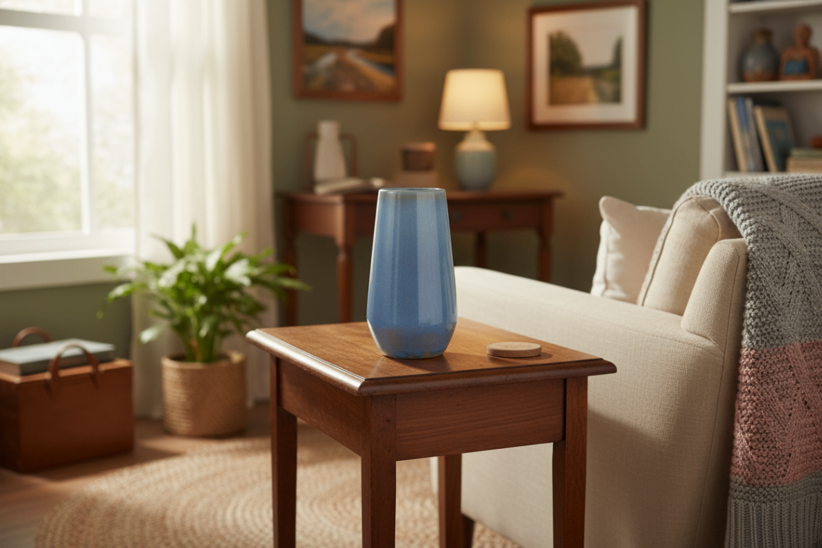 Sky-blue ceramic memorial vessel by Ahava Memorials