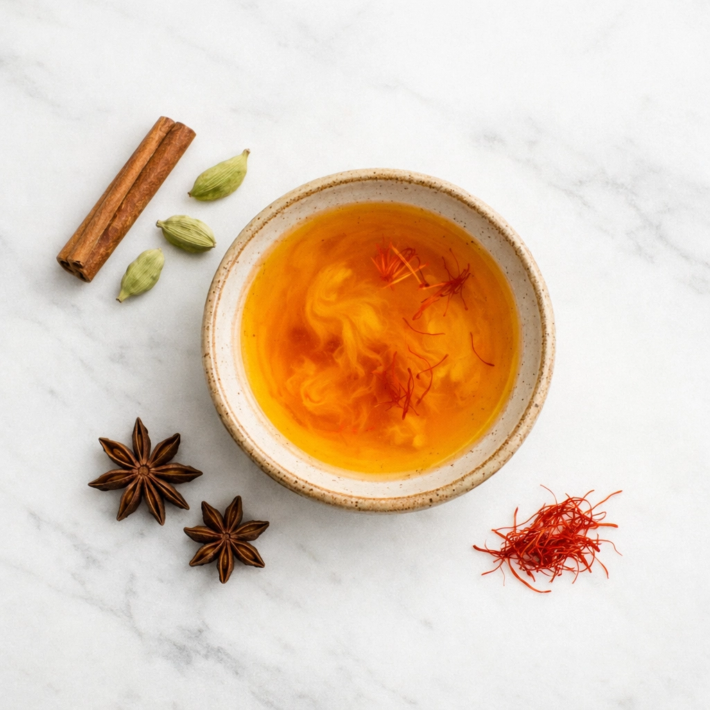 Saffron threads blooming in a ceramic bowl of water, releasing natural golden pigment on a marble surface.