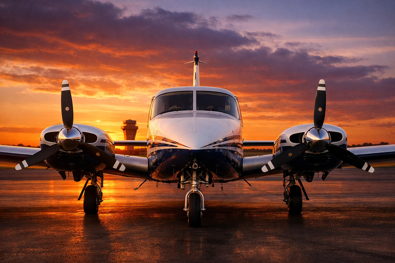 Twin-engine Piper PA-30 on the tarmac at sunset for commercial multi-engine add-on prep.