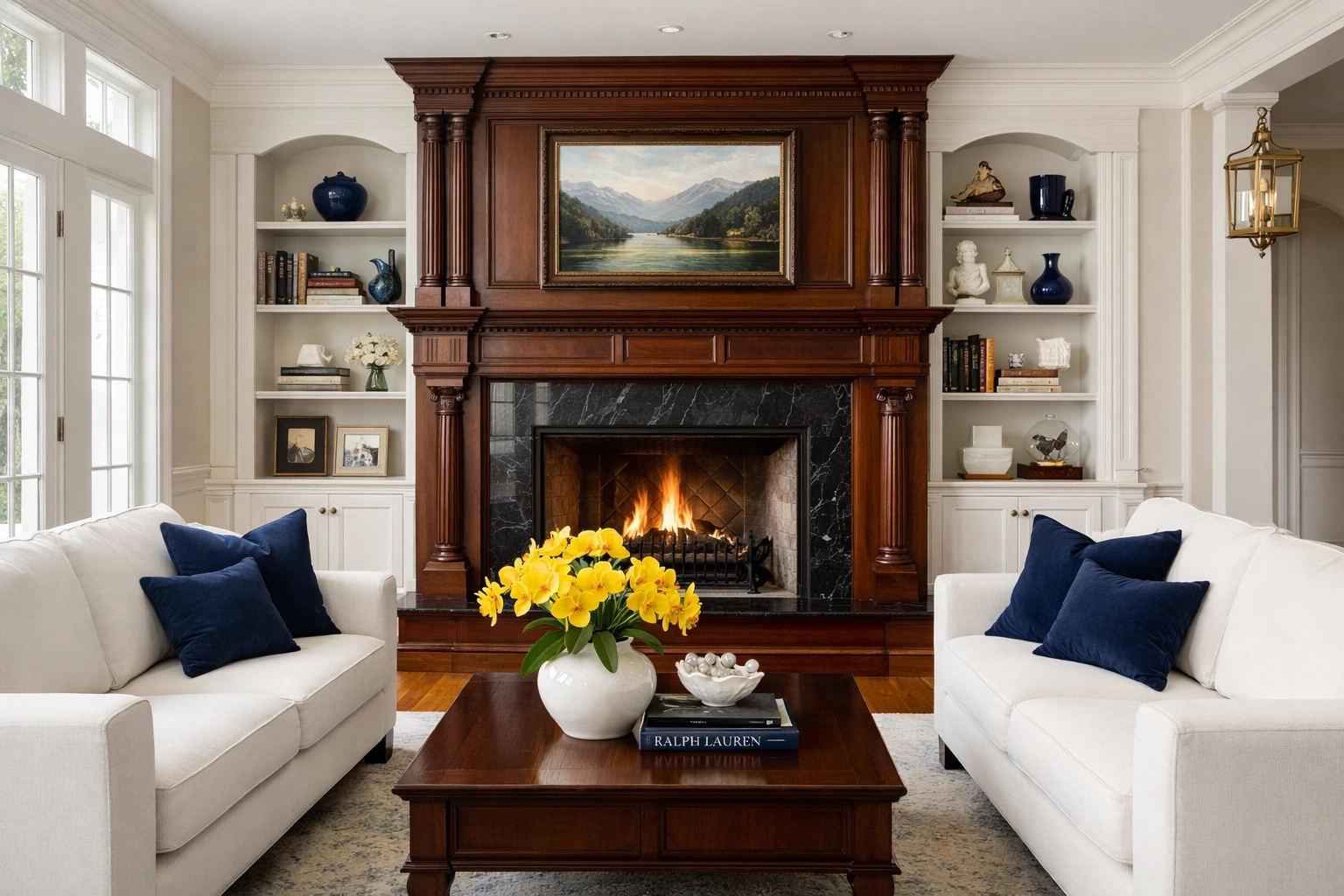 Pristine Sudbury living room with mahogany fireplace mantle cleaned by professional residential cleaning experts.